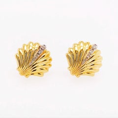 Diamond Seashell Earring Studs in 14 Karat Gold, Diamond Sea Shell Earrings
