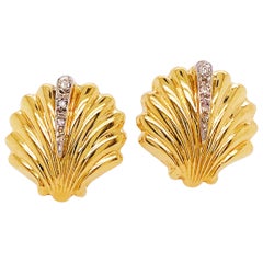 Diamond Seashell Earring Studs in 14 Karat Gold, Diamond Sea Shell Earrings