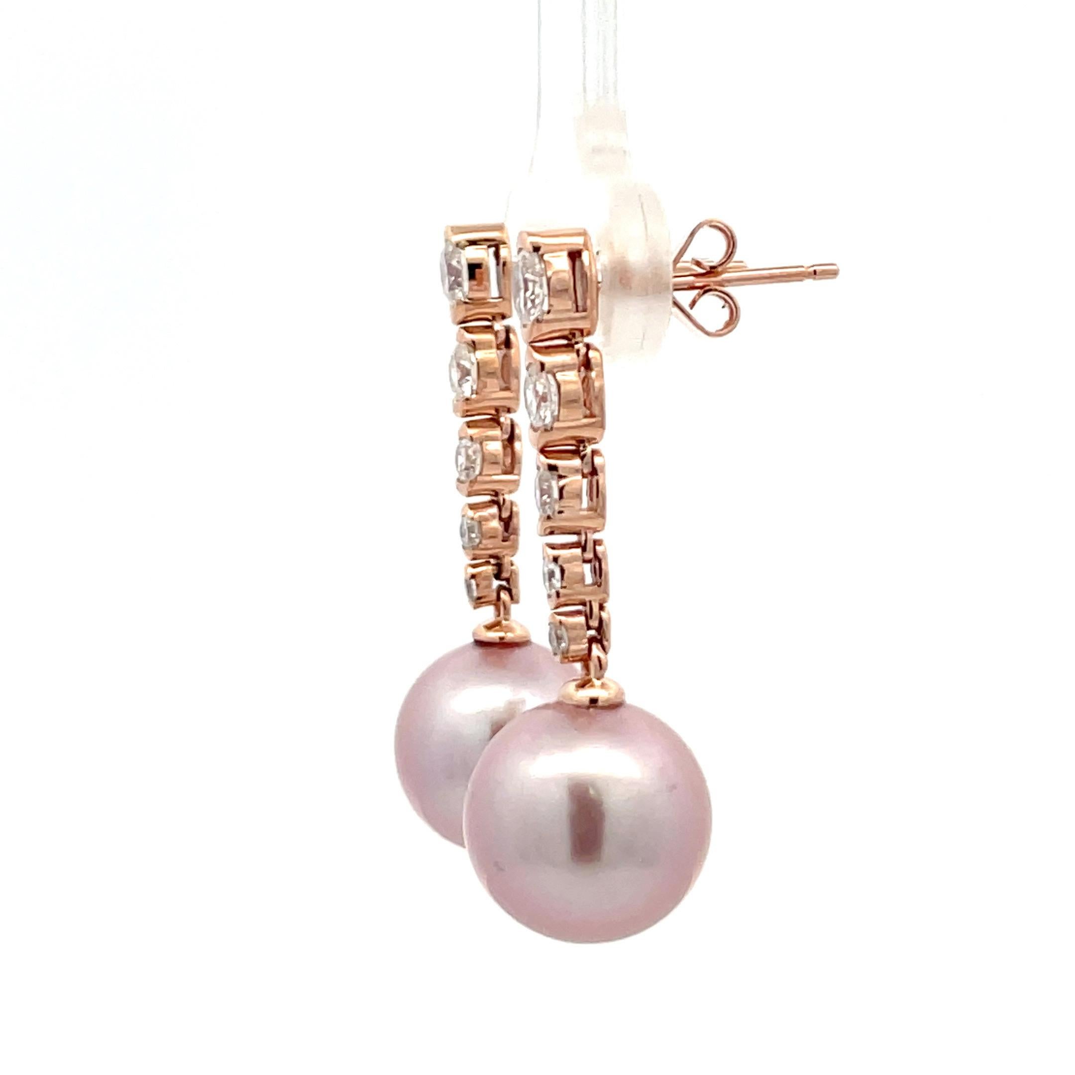 Contemporary Diamond Semi Bezel Pink Freshwater Pearl Drop Earrings 0.76 Carats 10-11 MM 14KT For Sale