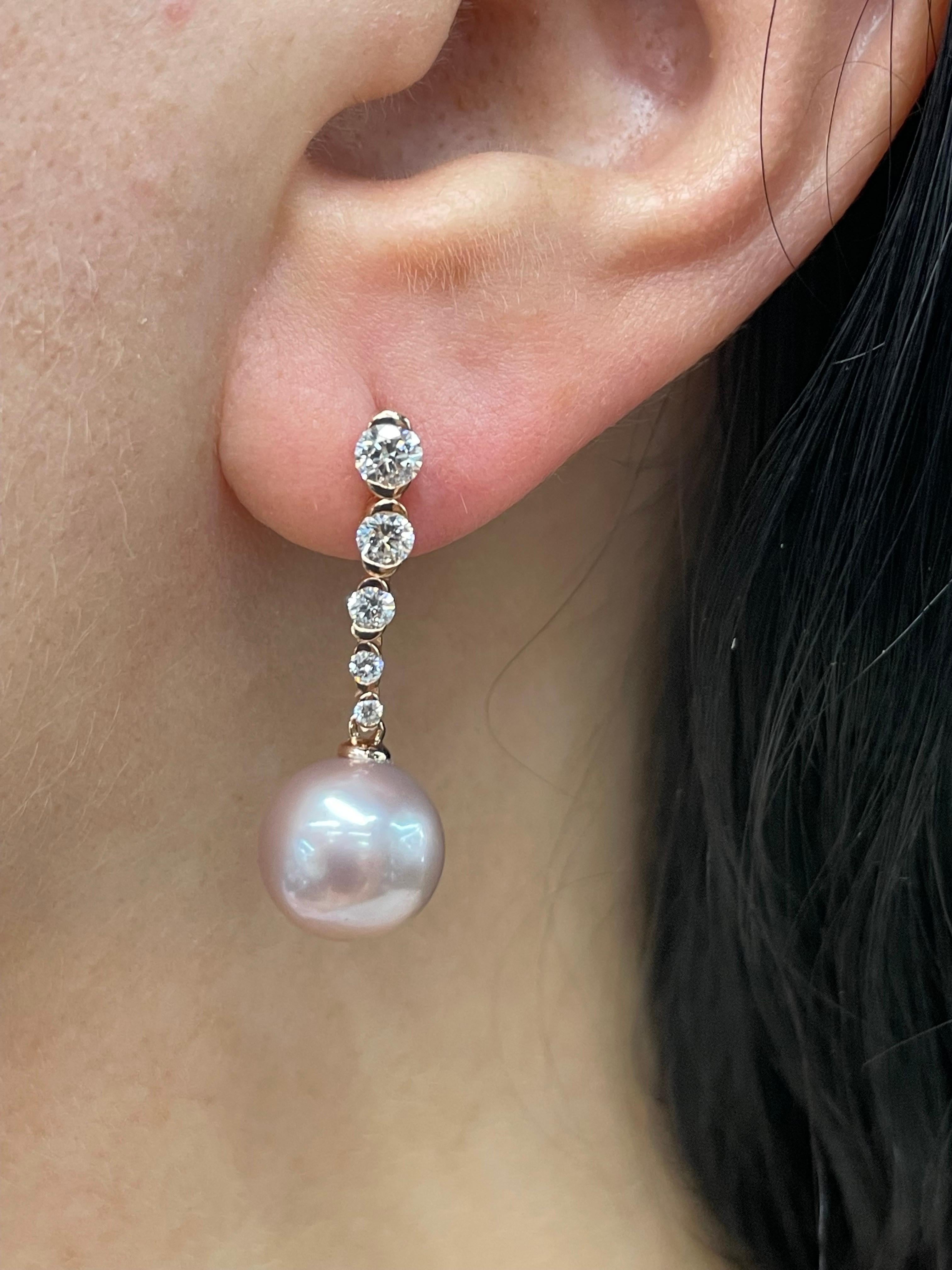 Round Cut Diamond Semi Bezel Pink Freshwater Pearl Drop Earrings 0.76 Carats 10-11 MM 14KT For Sale
