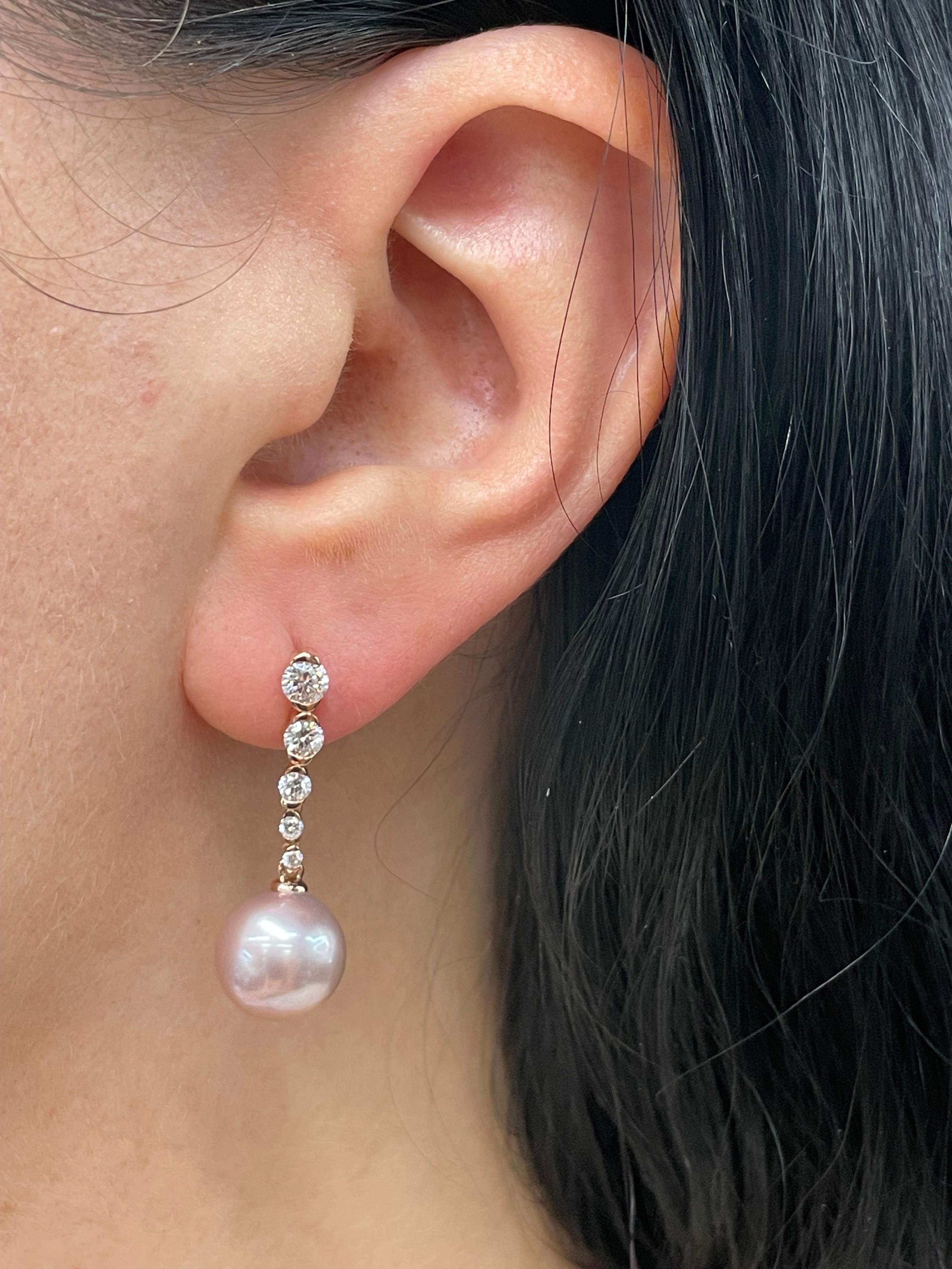 Women's Diamond Semi Bezel Pink Freshwater Pearl Drop Earrings 0.76 Carats 10-11 MM 14KT For Sale