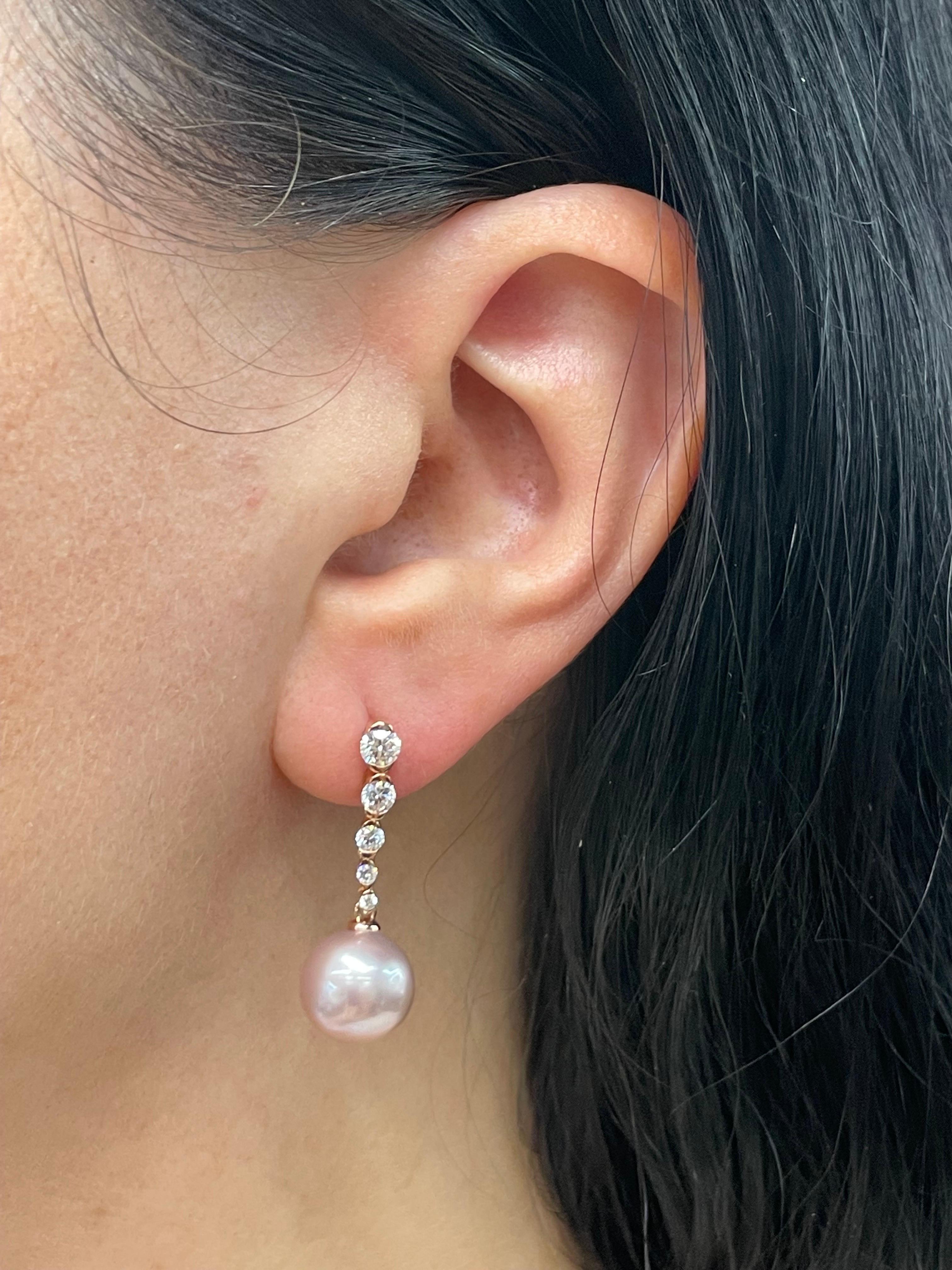 Diamond Semi Bezel Pink Freshwater Pearl Drop Earrings 0.76 Carats 10-11 MM 14KT For Sale 1