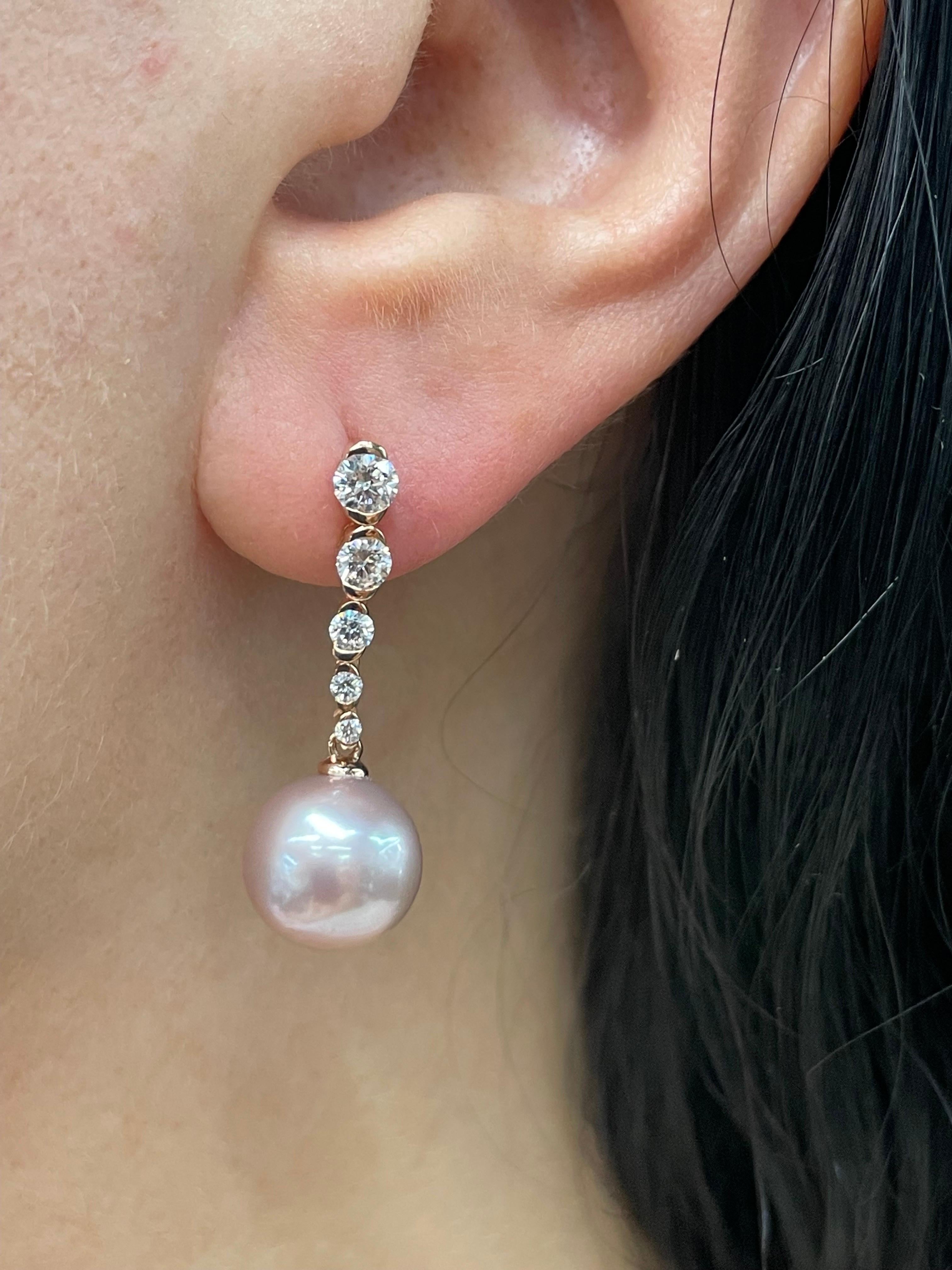 Diamond Semi Bezel Pink Freshwater Pearl Drop Earrings 0.76 Carats 10-11 MM 14KT For Sale 2
