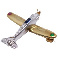 Vintage Diamond and Semi Precious Stone Set Gold Aeroplane Brooch