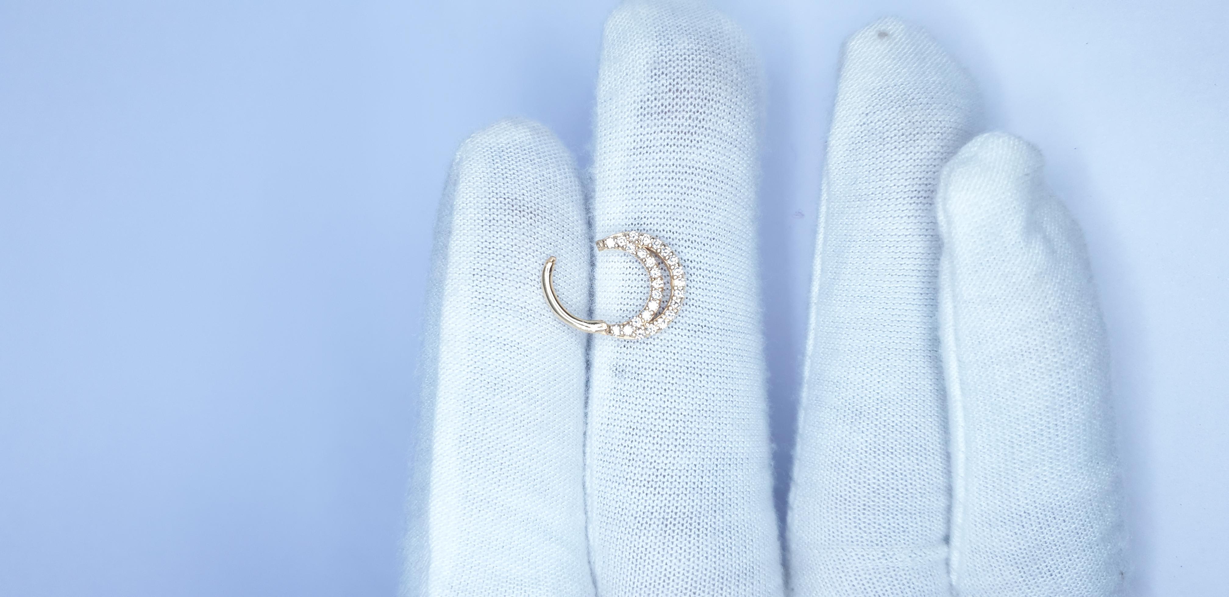 Diamond Septum 14k Solid Gold Ring Piercing Nose Pin in 16 gauge For Sale 6