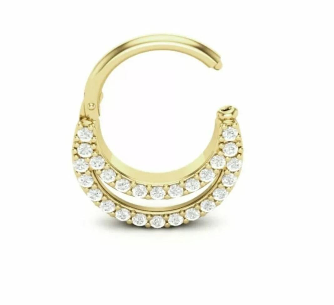 Round Cut Diamond Septum 14k Solid Gold Ring Piercing Nose Pin in 16 gauge For Sale