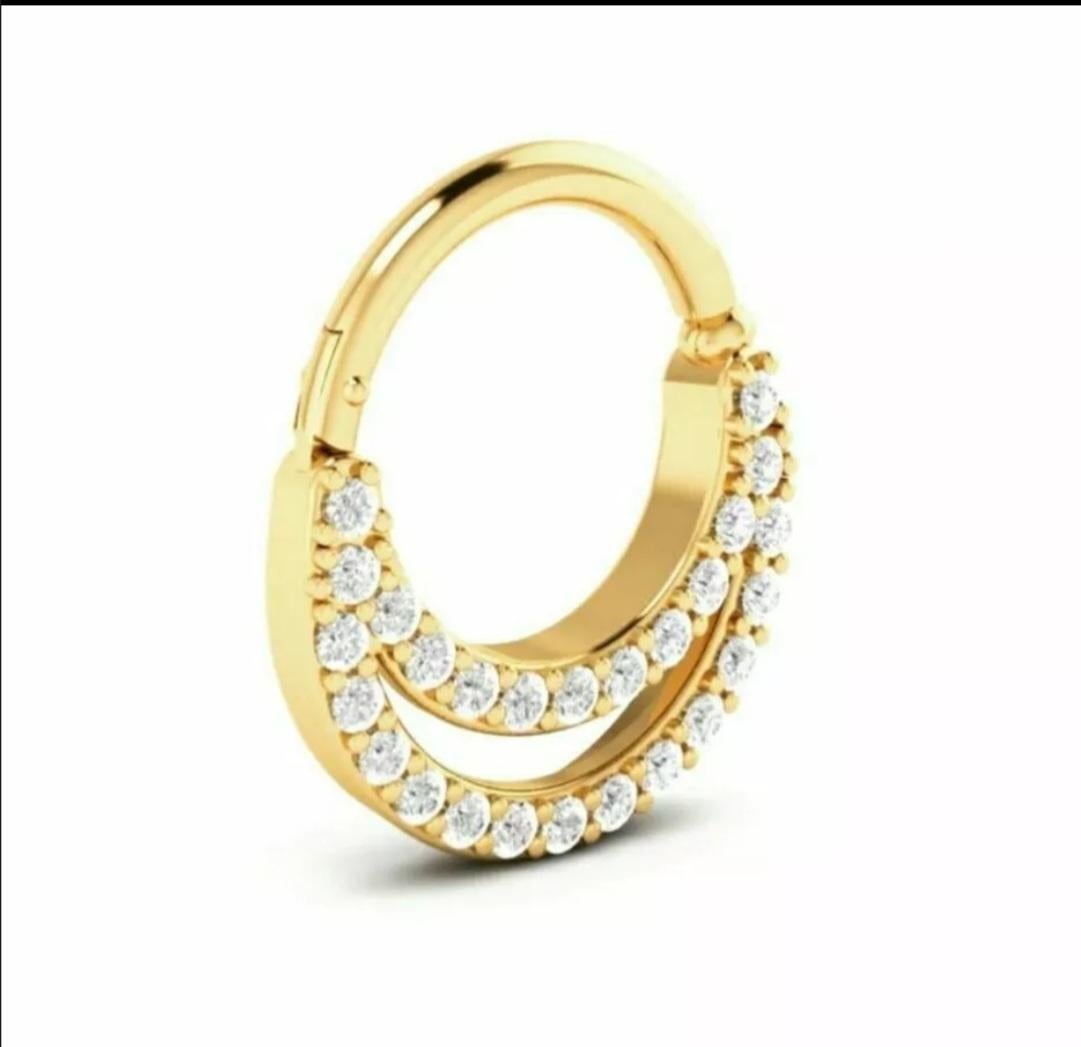 Women's Diamond Septum 14k Solid Gold Ring Piercing Nose Pin in 16 gauge For Sale