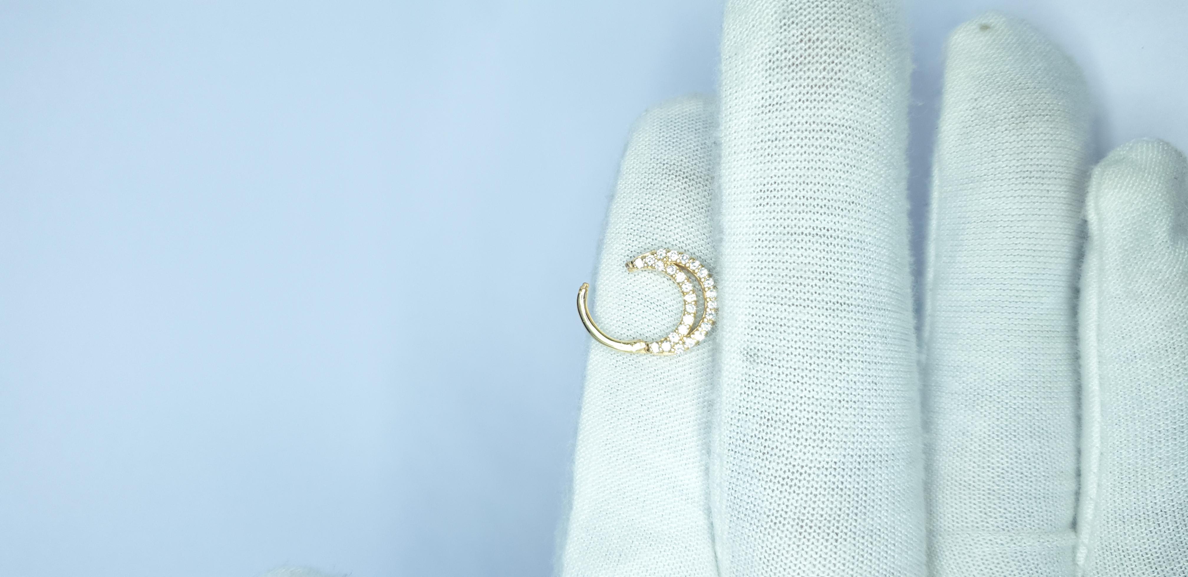 Diamond Septum 14k Solid Gold Ring Piercing Nose Pin in 16 gauge For Sale 1