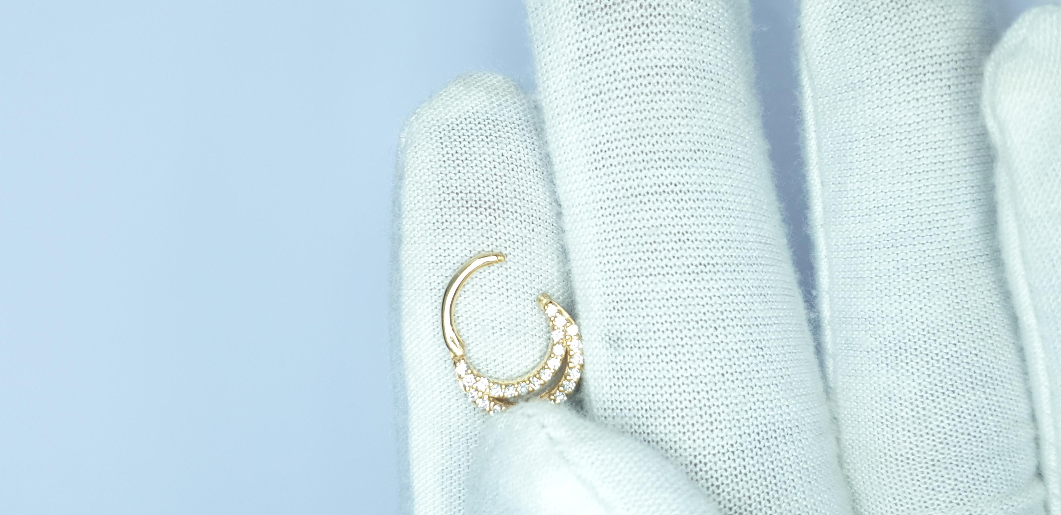 Diamond Septum 14k Solid Gold Ring Piercing Nose Pin in 16 gauge For Sale 4