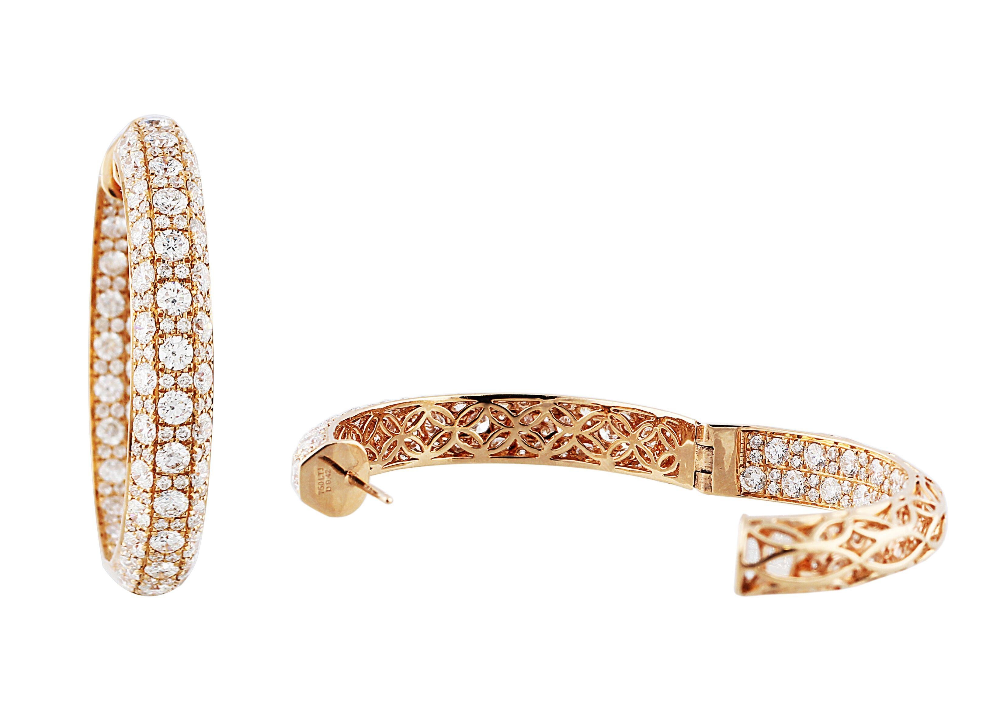 Diamond Set 18 Karat Rose Gold Hoop Earrings In Excellent Condition For Sale In La Jolla, CA