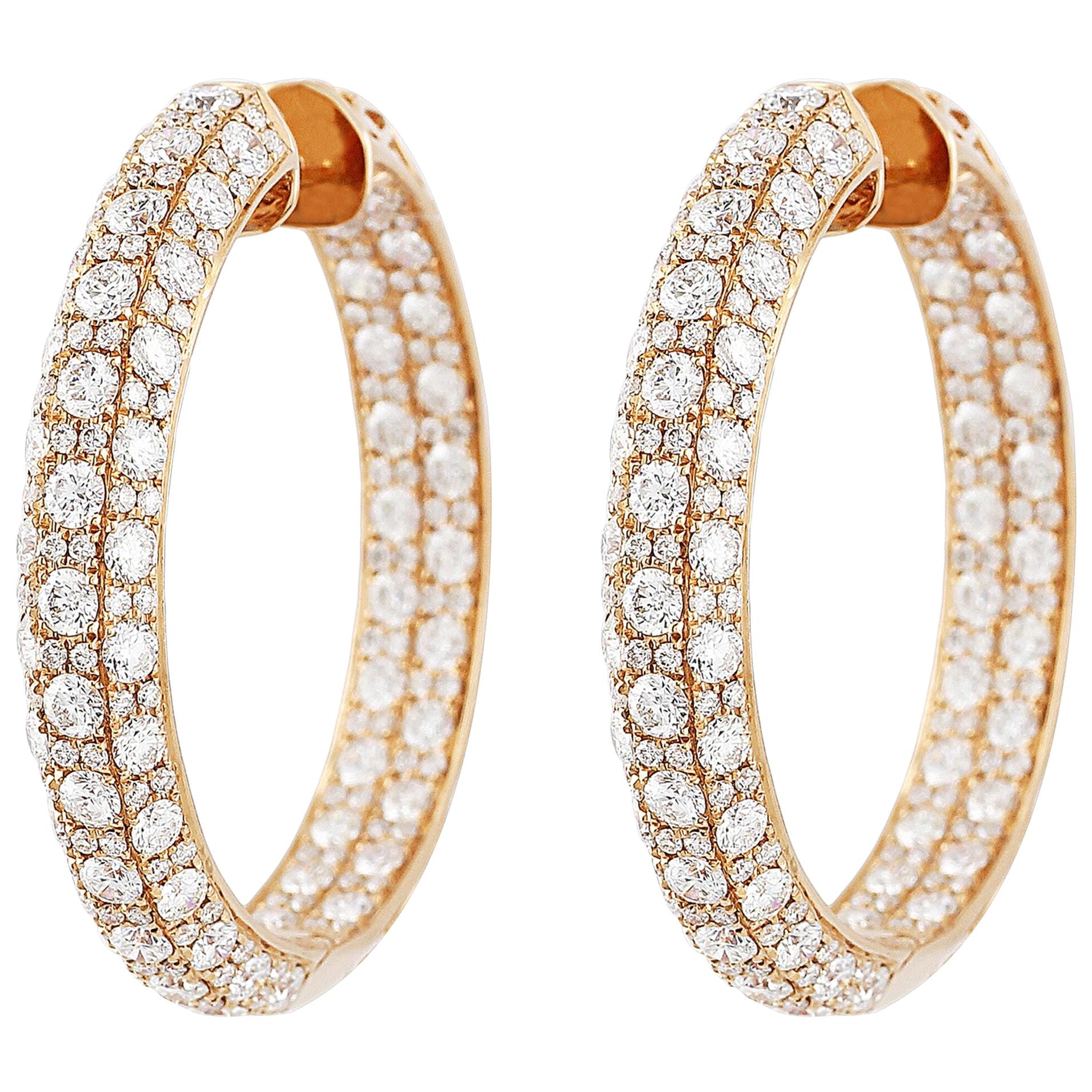 Diamond Set 18 Karat Rose Gold Hoop Earrings For Sale