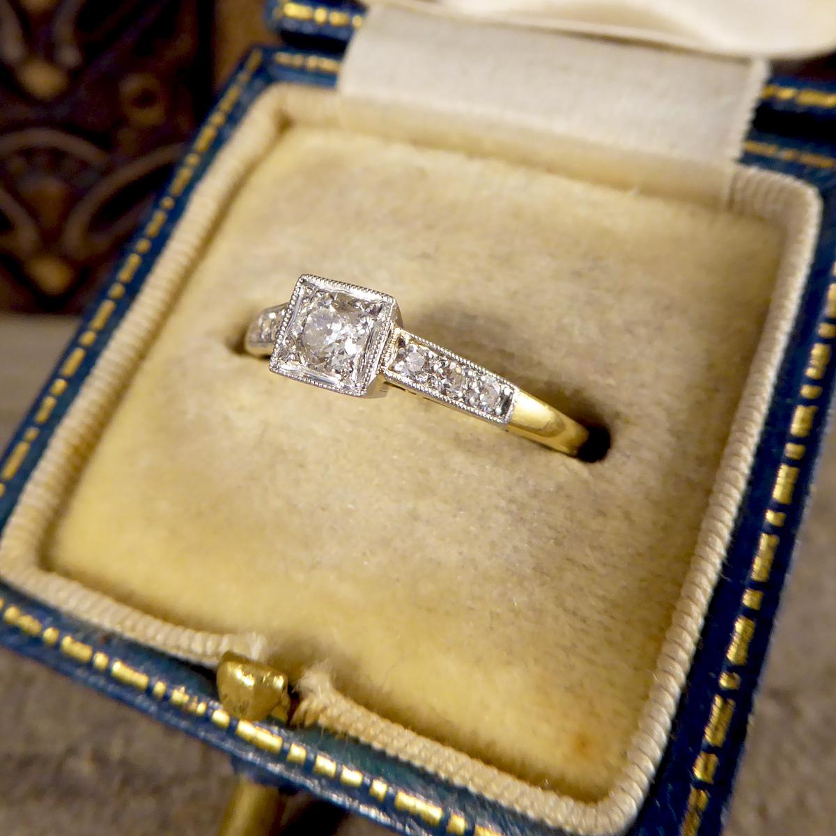 Diamond Set Art Deco Square Faced Solitaire Ring in Platinum & 18ct Yellow Gold 5
