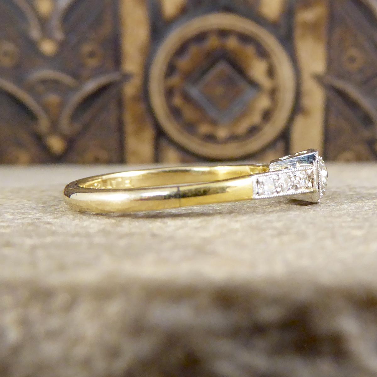 Round Cut Diamond Set Art Deco Square Faced Solitaire Ring in Platinum & 18ct Yellow Gold