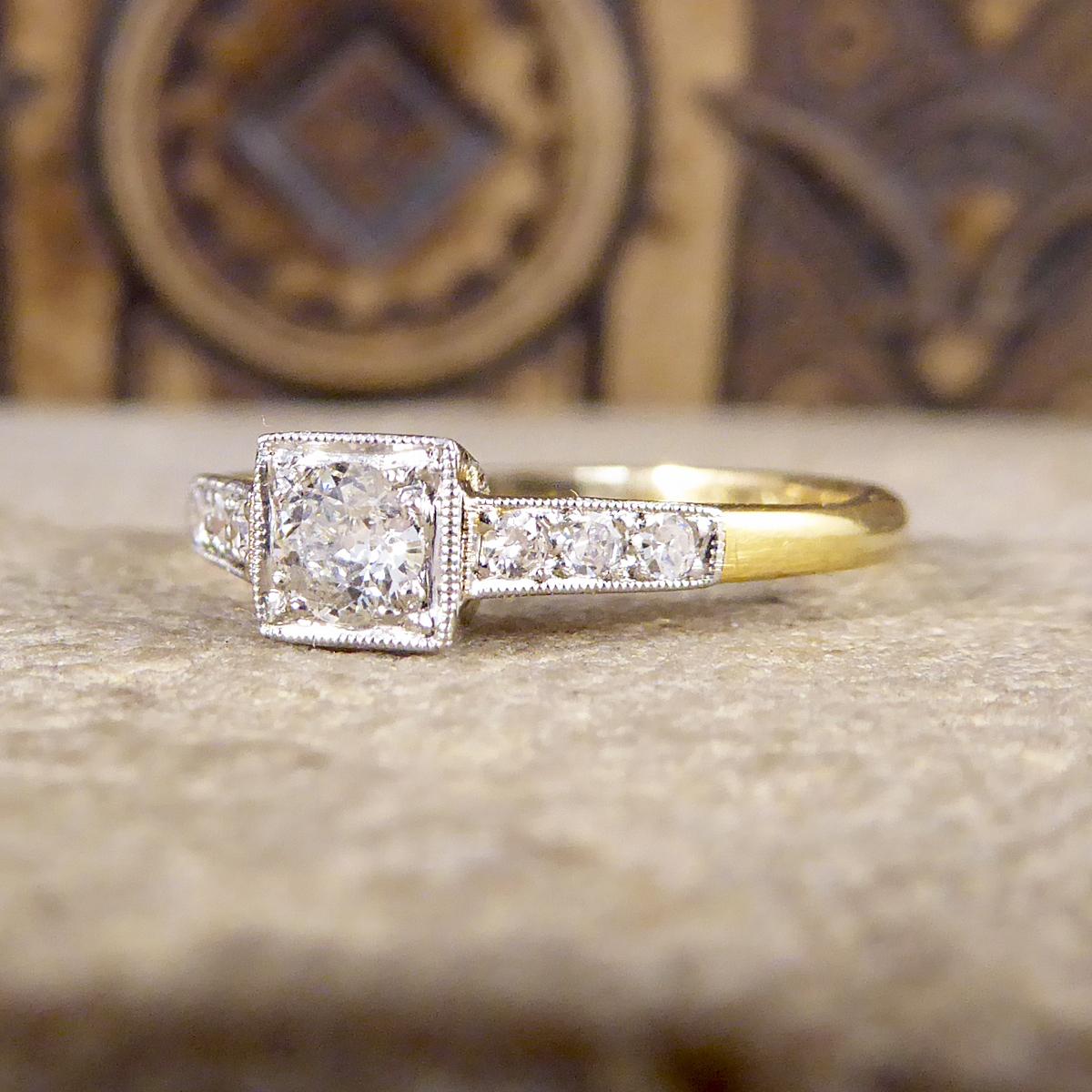 Women's or Men's Diamond Set Art Deco Square Faced Solitaire Ring in Platinum & 18ct Yellow Gold