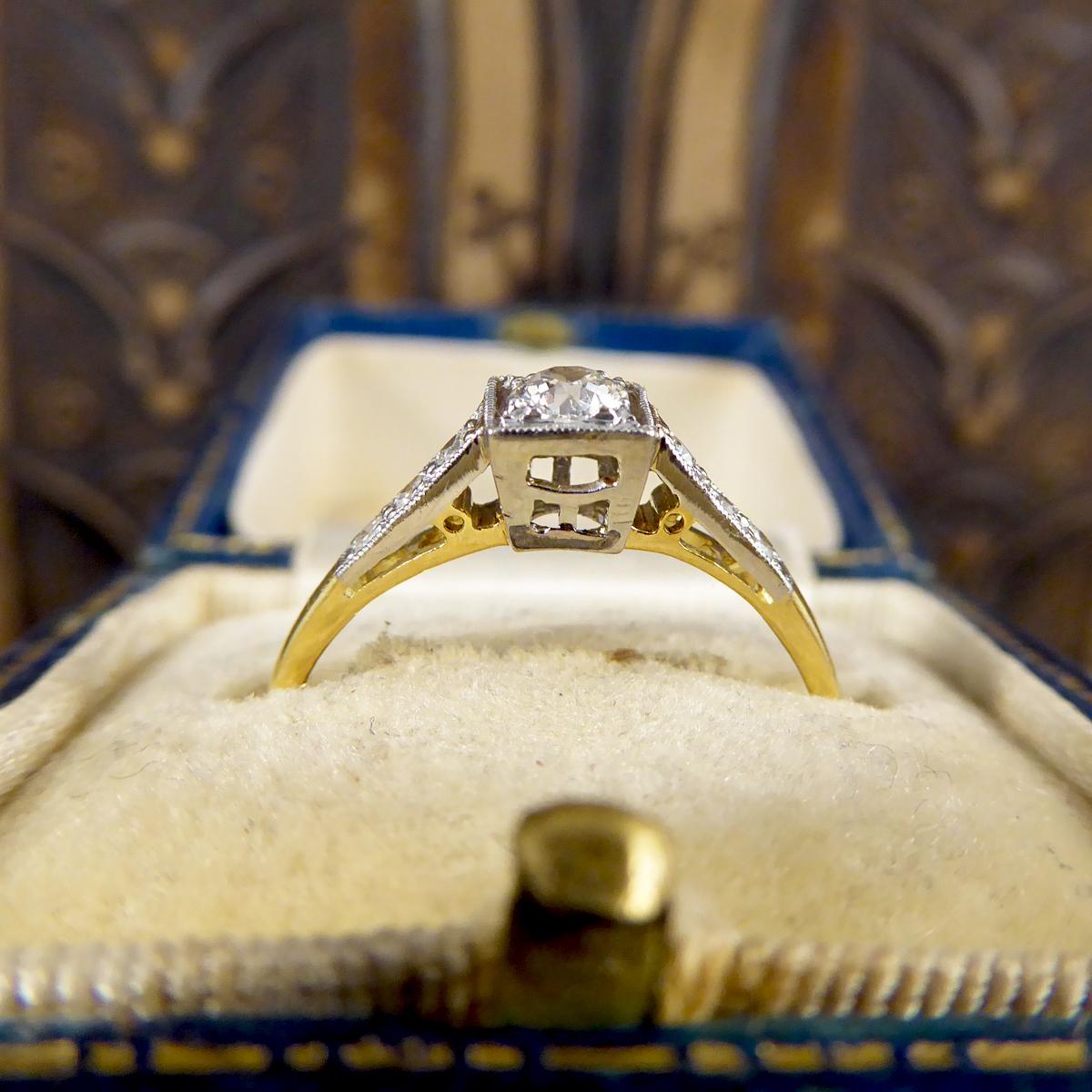 Diamond Set Art Deco Square Faced Solitaire Ring in Platinum & 18ct Yellow Gold 3