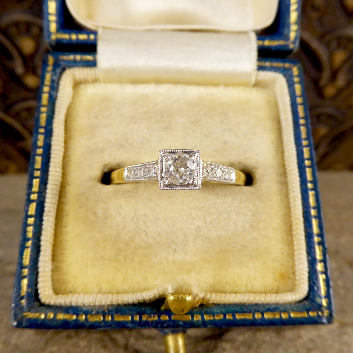 Diamond Set Art Deco Square Faced Solitaire Ring in Platinum & 18ct Yellow Gold 4