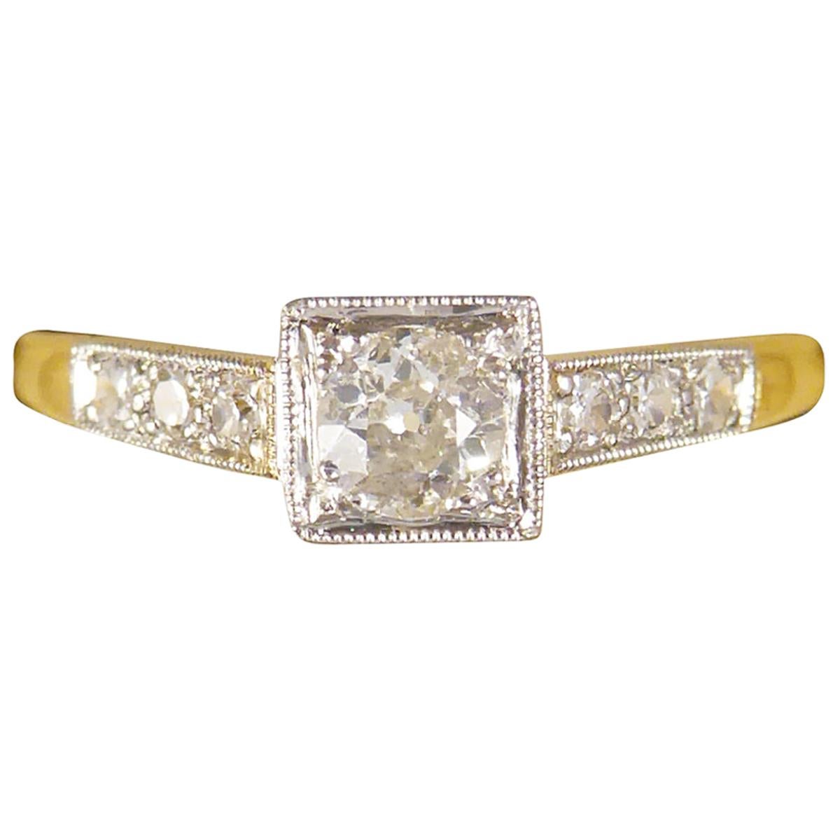 Diamond Set Art Deco Square Faced Solitaire Ring in Platinum & 18ct Yellow Gold