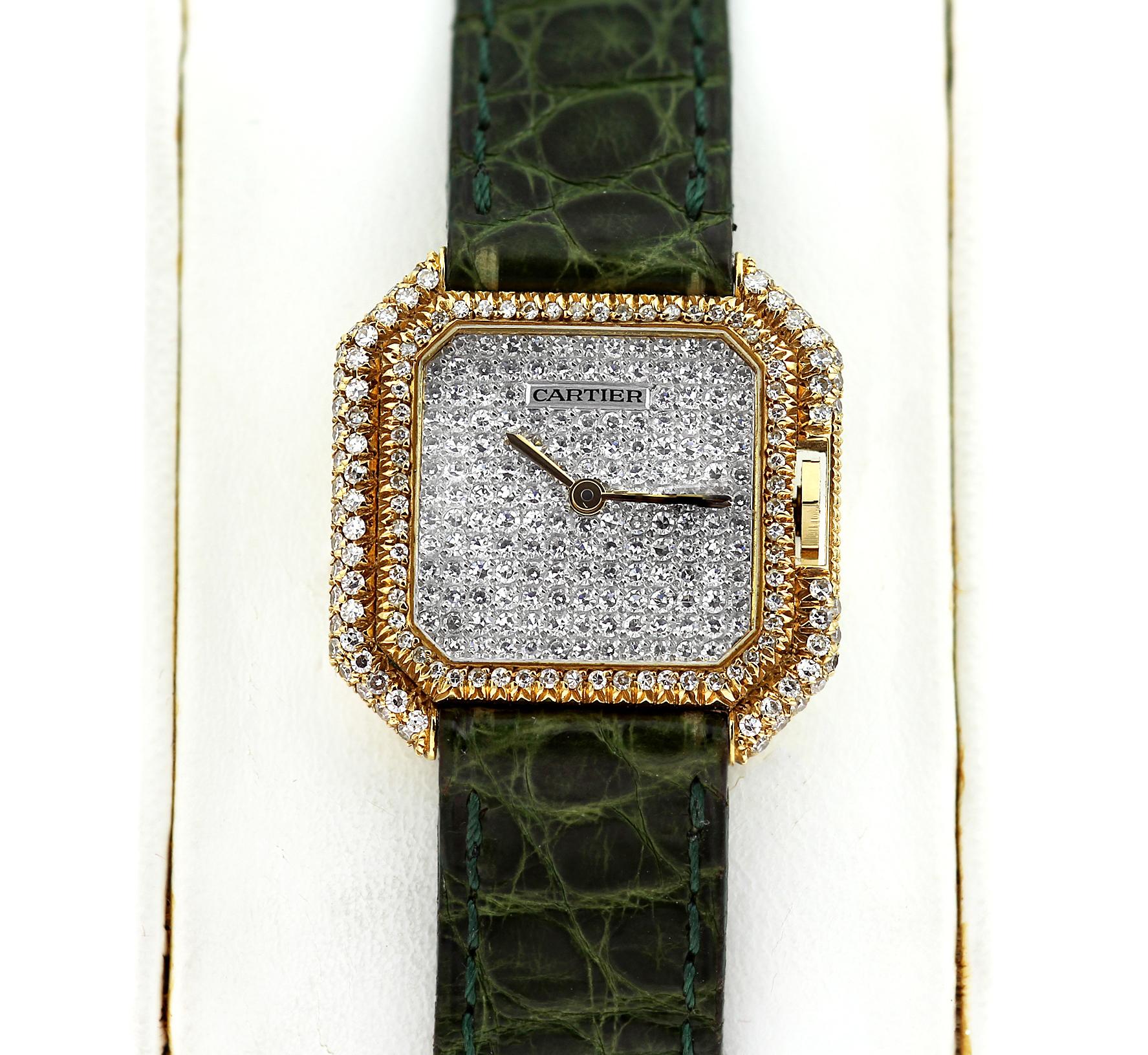 Retro Diamond Set Cartier Watch in 18 K Yellow Gold with Original Box 