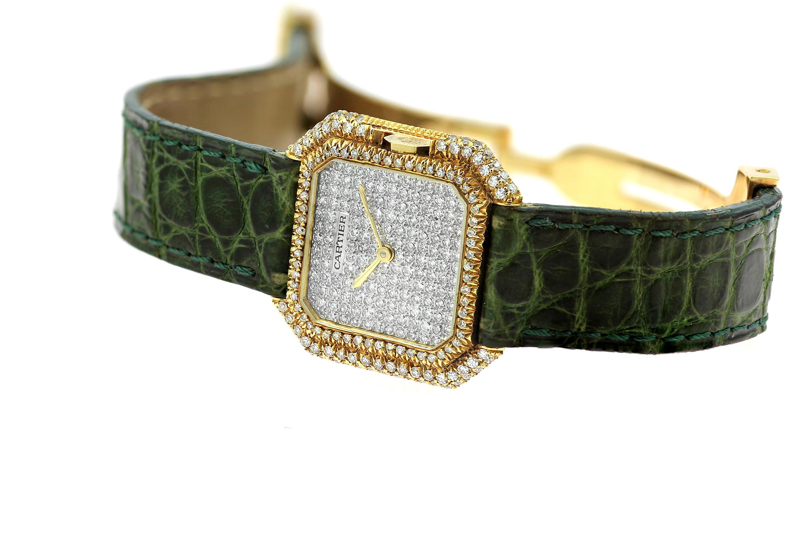 Single Cut Diamond Set Cartier Watch in 18 K Yellow Gold with Original Box 