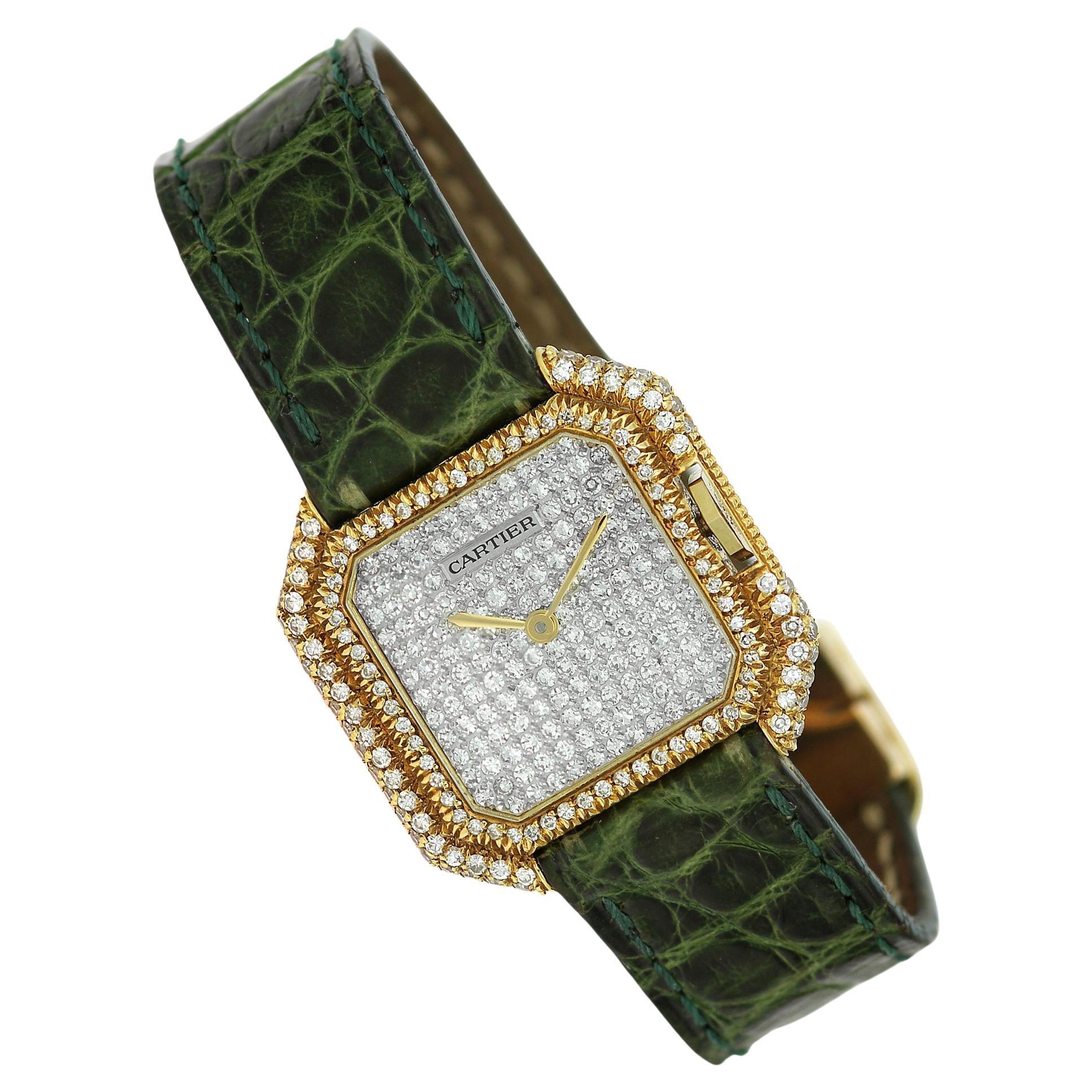 Diamond Set Cartier Watch in 18 K Yellow Gold with Original Box 
