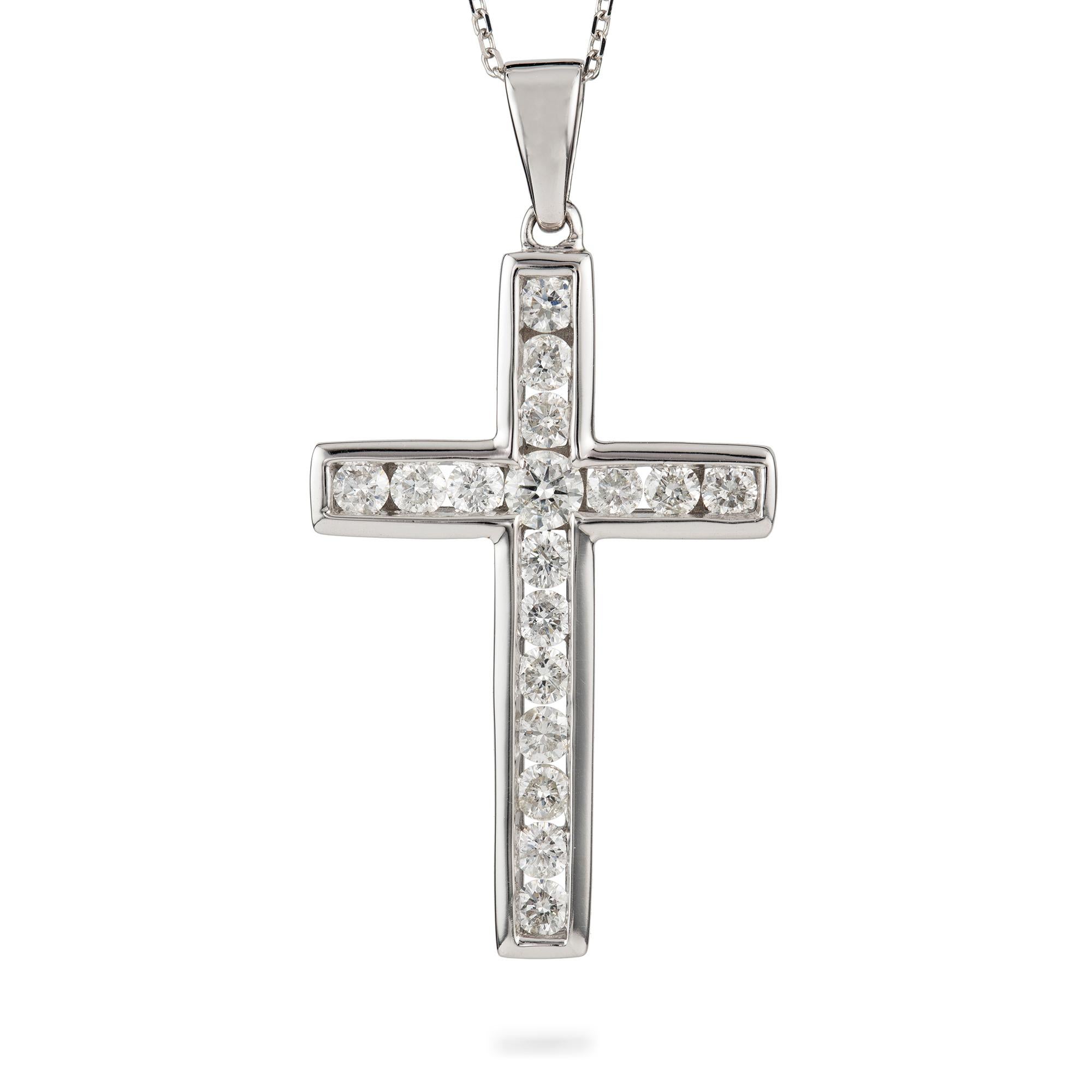 A diamond set cross pendant, the round brilliant cut diamonds weighing an approximate total of 0.95ct, all channel set to a white mount on a white gold chain, hallmarket 18ct gold, bearing Bentley and Skinner sponsor mark 2019,measuring