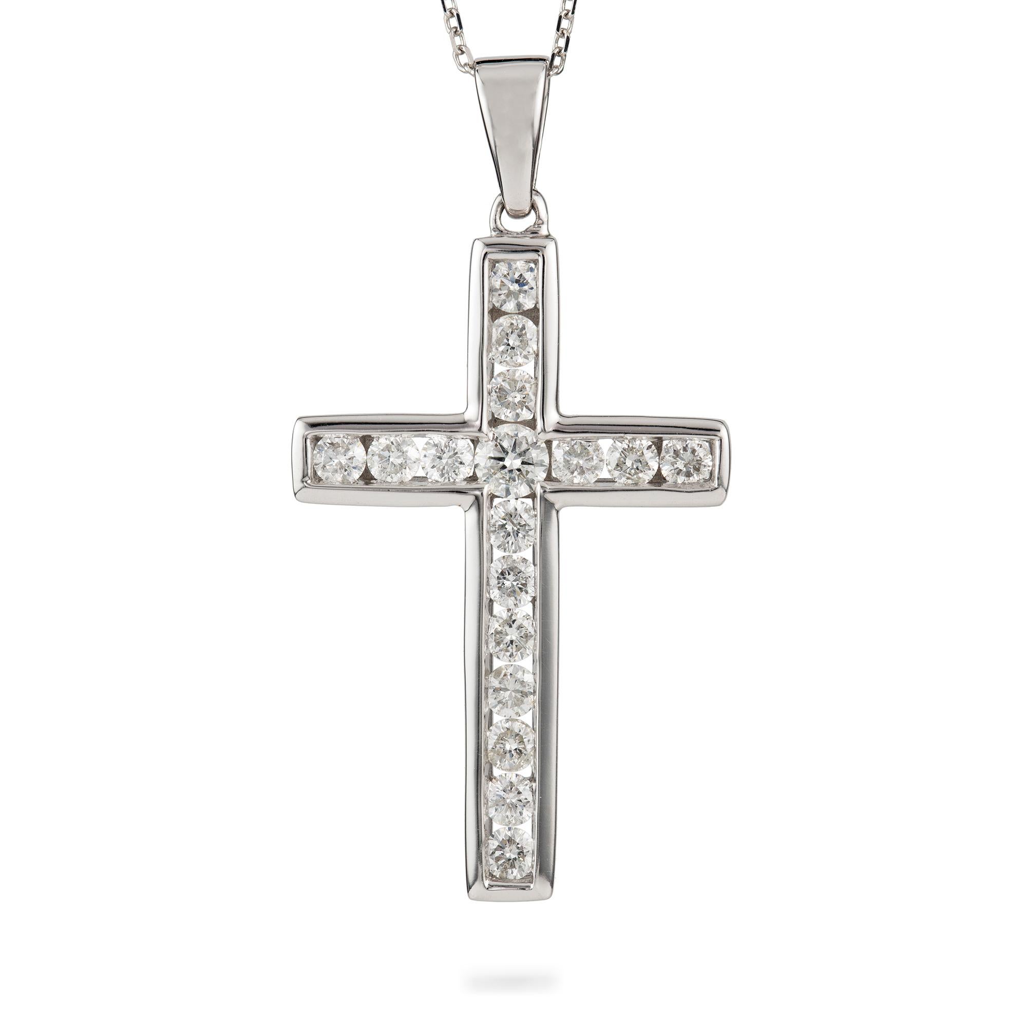 Pendente a croce con diamanti incastonati, diamanti rotondi taglio brillante per un peso totale approssimativo di 0,95 ct, tutti incastonati in una montatura bianca su una catena d'oro bianco, in oro 18 ct, con marchio Bentley and Skinner 2019,