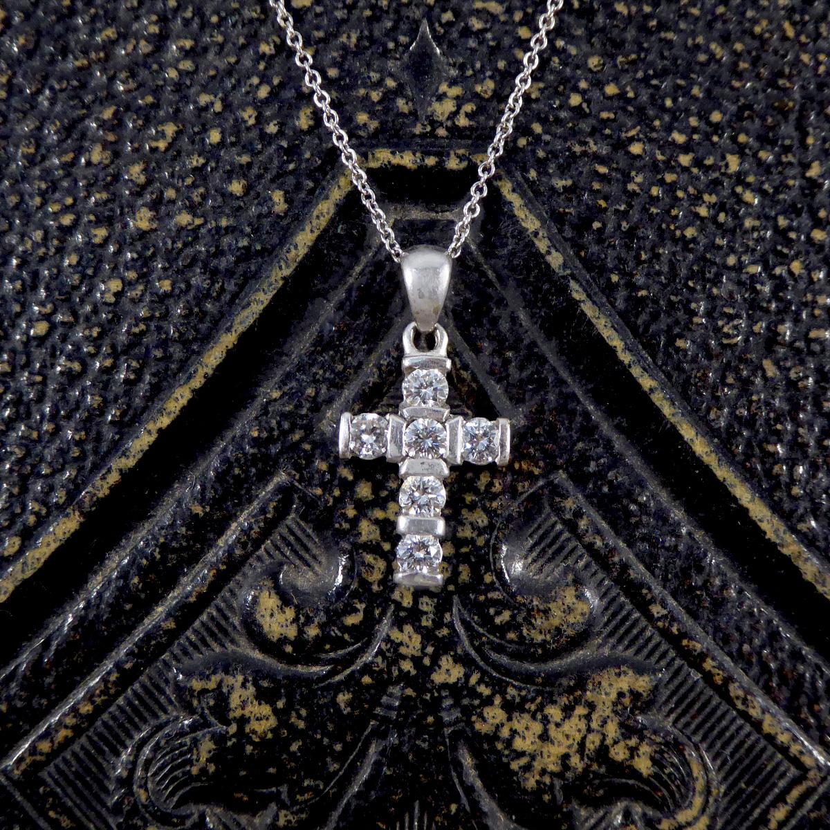 Modern Diamond Set Cross Pendant Necklace in 18ct White Gold For Sale