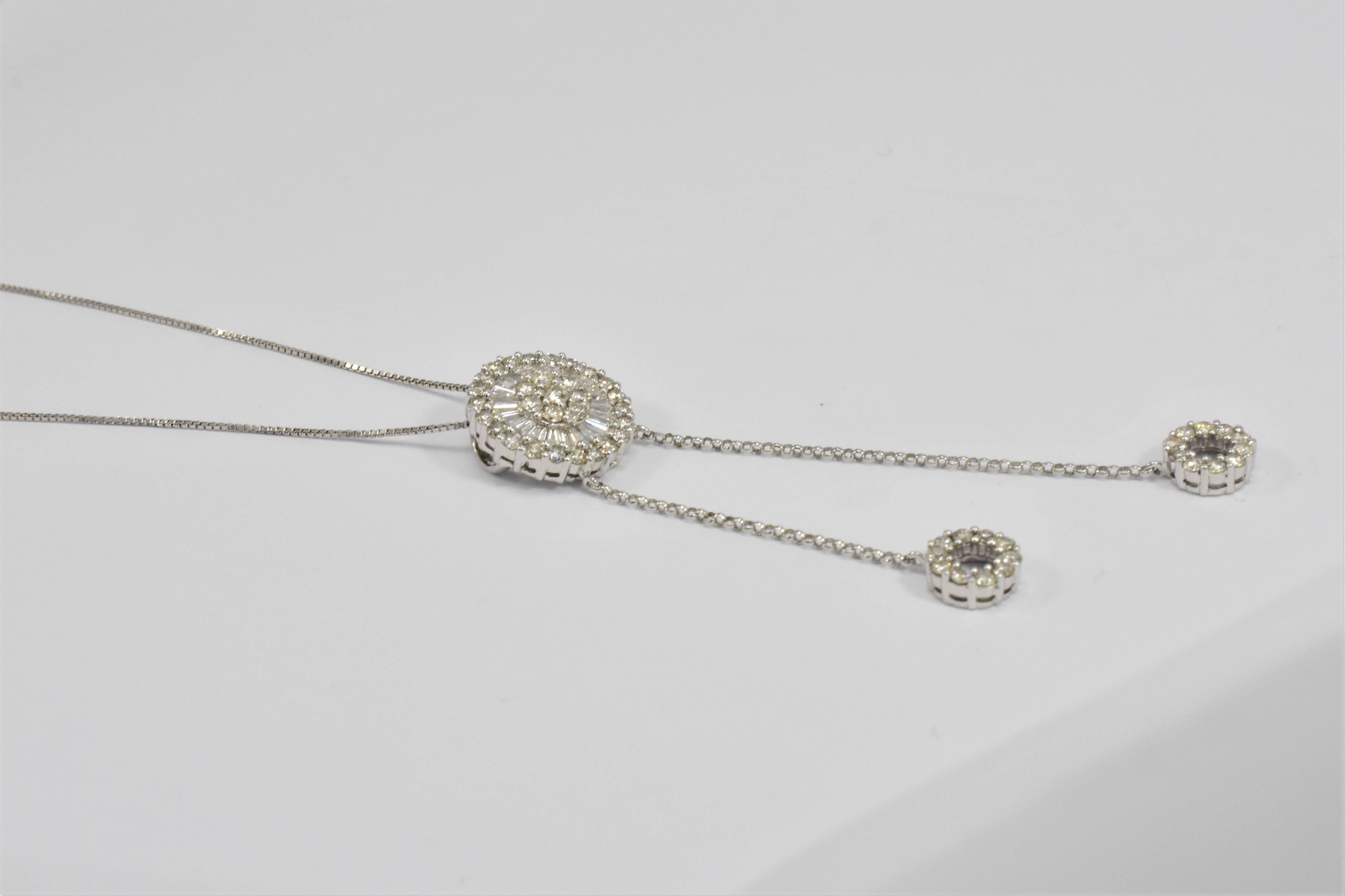 Diamond Set Disc Pendant with Two Diamond Set Circle Drops 14K White Gold Chains In New Condition For Sale In London, EMEA - British Isles
