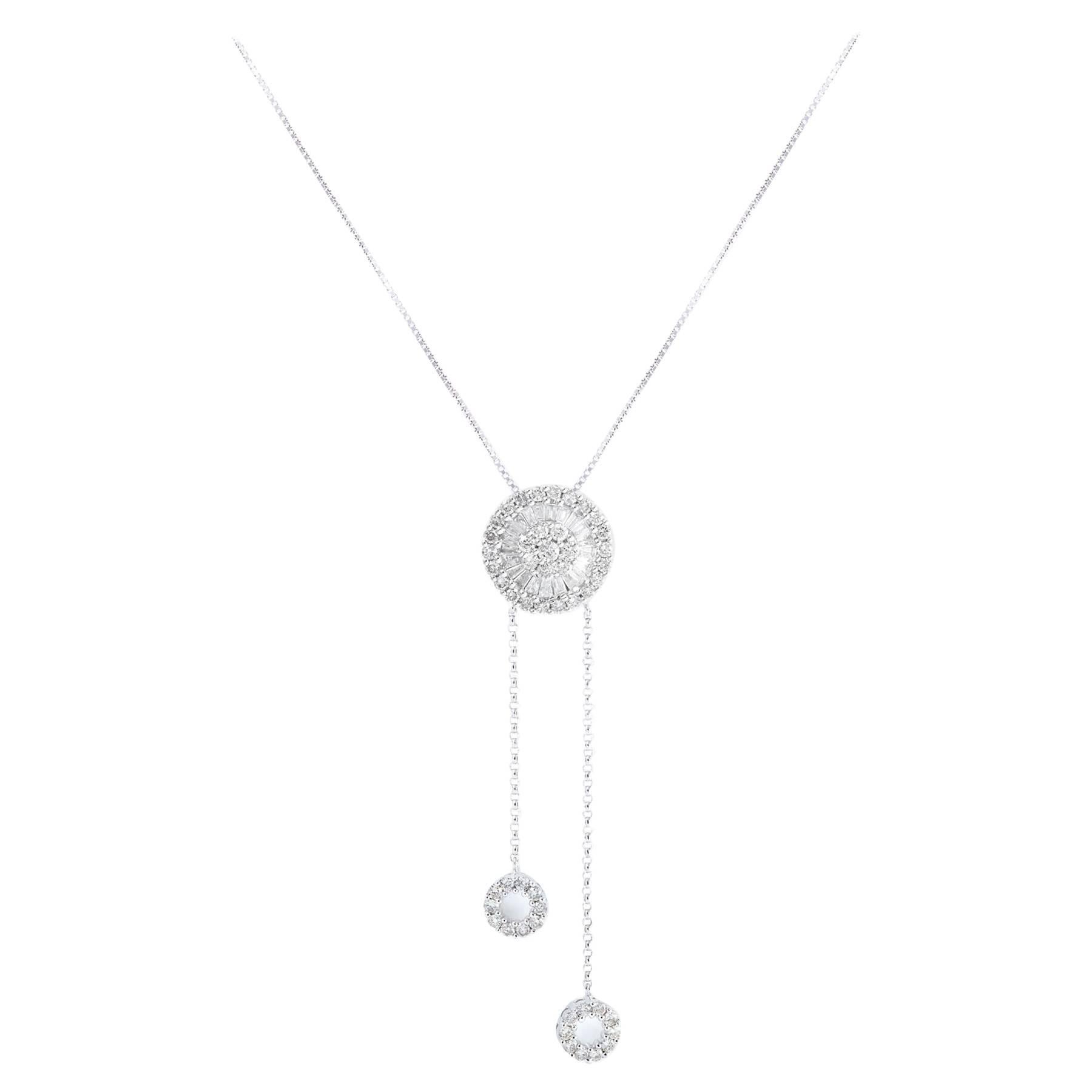 Diamond Set Disc Pendant with Two Diamond Set Circle Drops 14K White Gold Chains For Sale