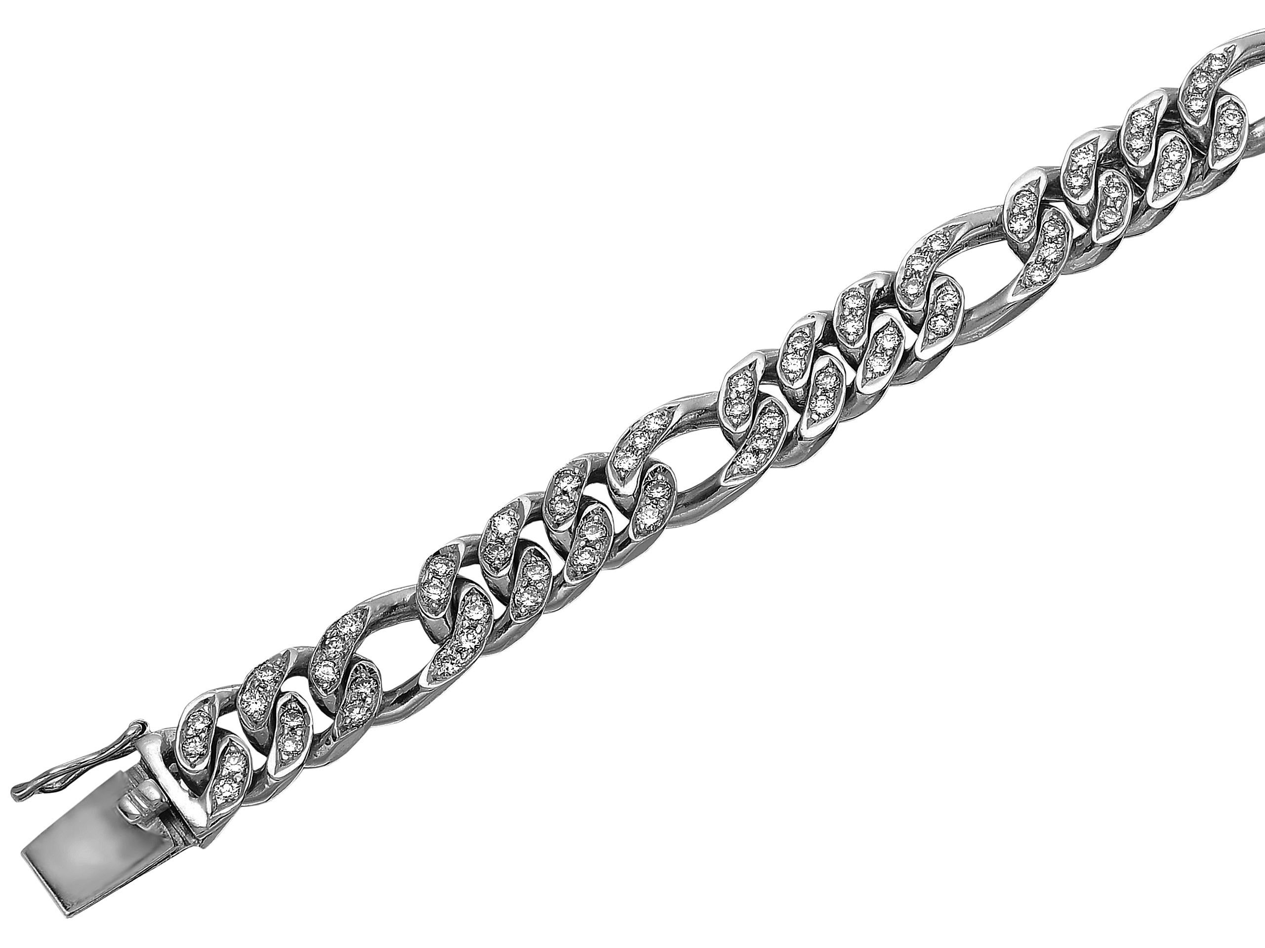 Gents Round Diamond Figaro Curb Link Chain Bracelet in Heavy Solid White Gold In Excellent Condition In London, GB