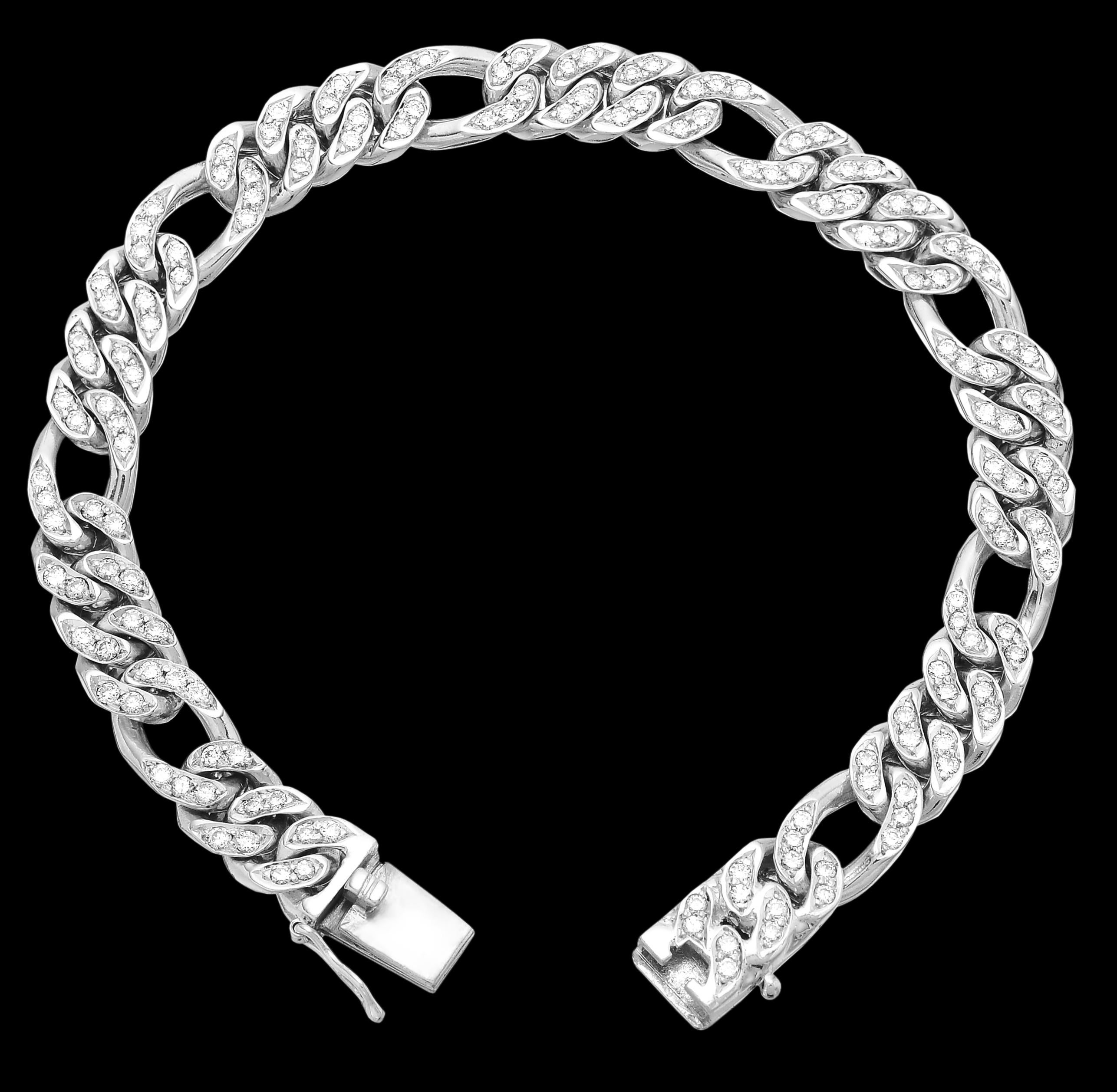 Diamond set Figaro Curb Links Chain Bracelet in Solid 14 ct White Gold 
Resembling infinite unbreakable bonds, this diamond cultivated chain bracelet glistens out a strong beautiful personality. The links are structured out to perfection, the