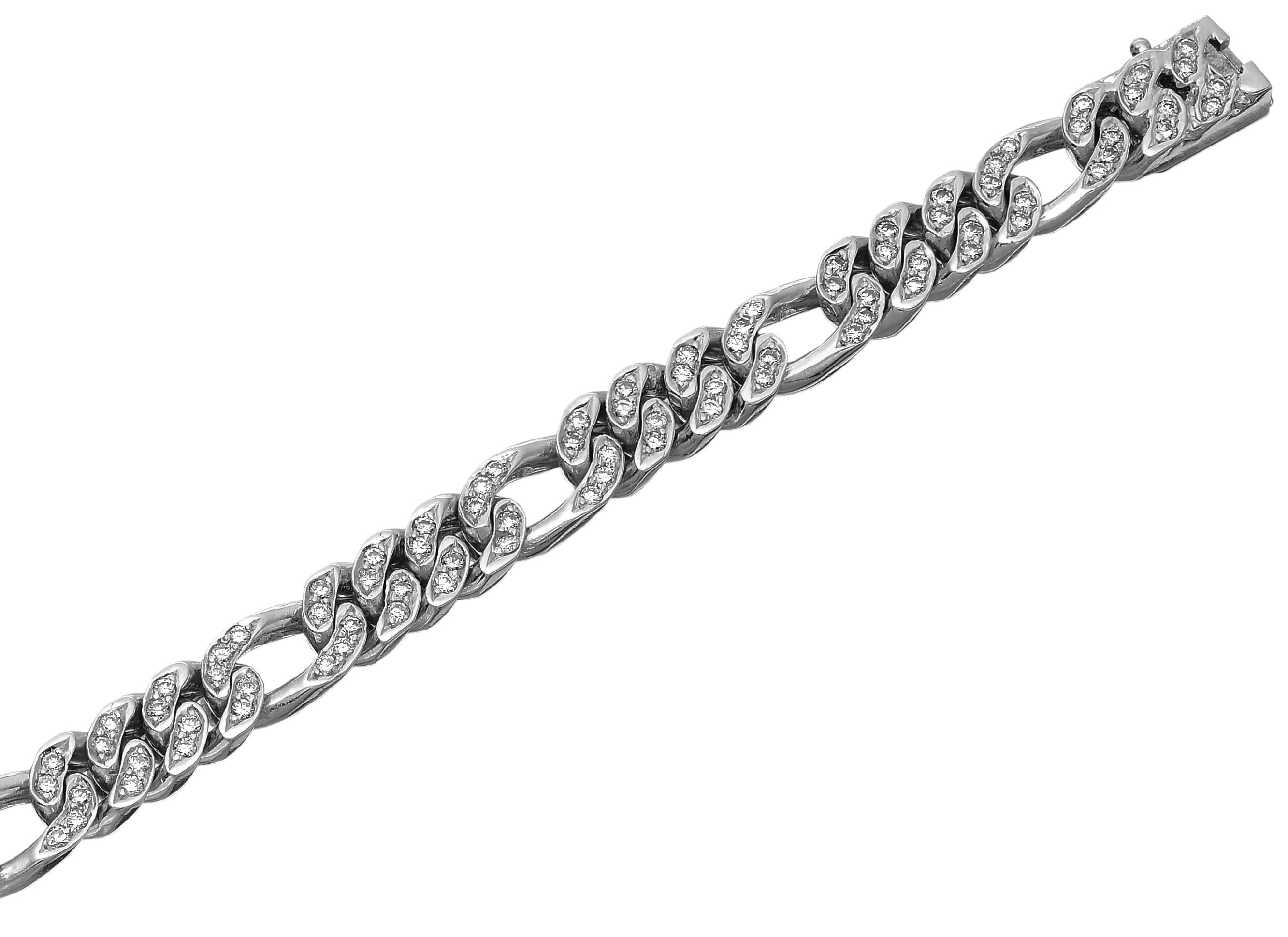 Men's Gents Round Diamond Figaro Curb Link Chain Bracelet in Heavy Solid White Gold