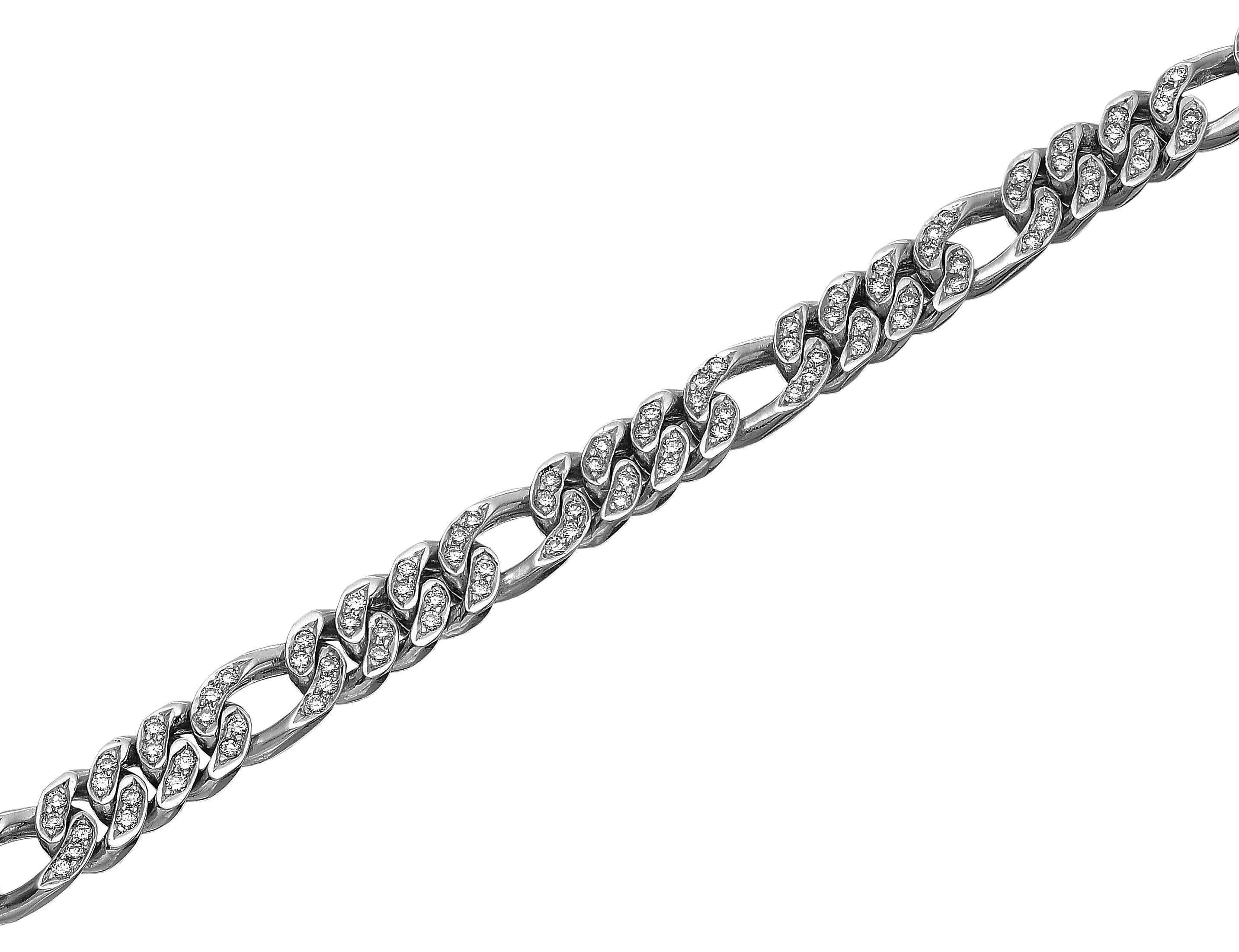 Gents Round Diamond Figaro Curb Link Chain Bracelet in Heavy Solid White Gold 1