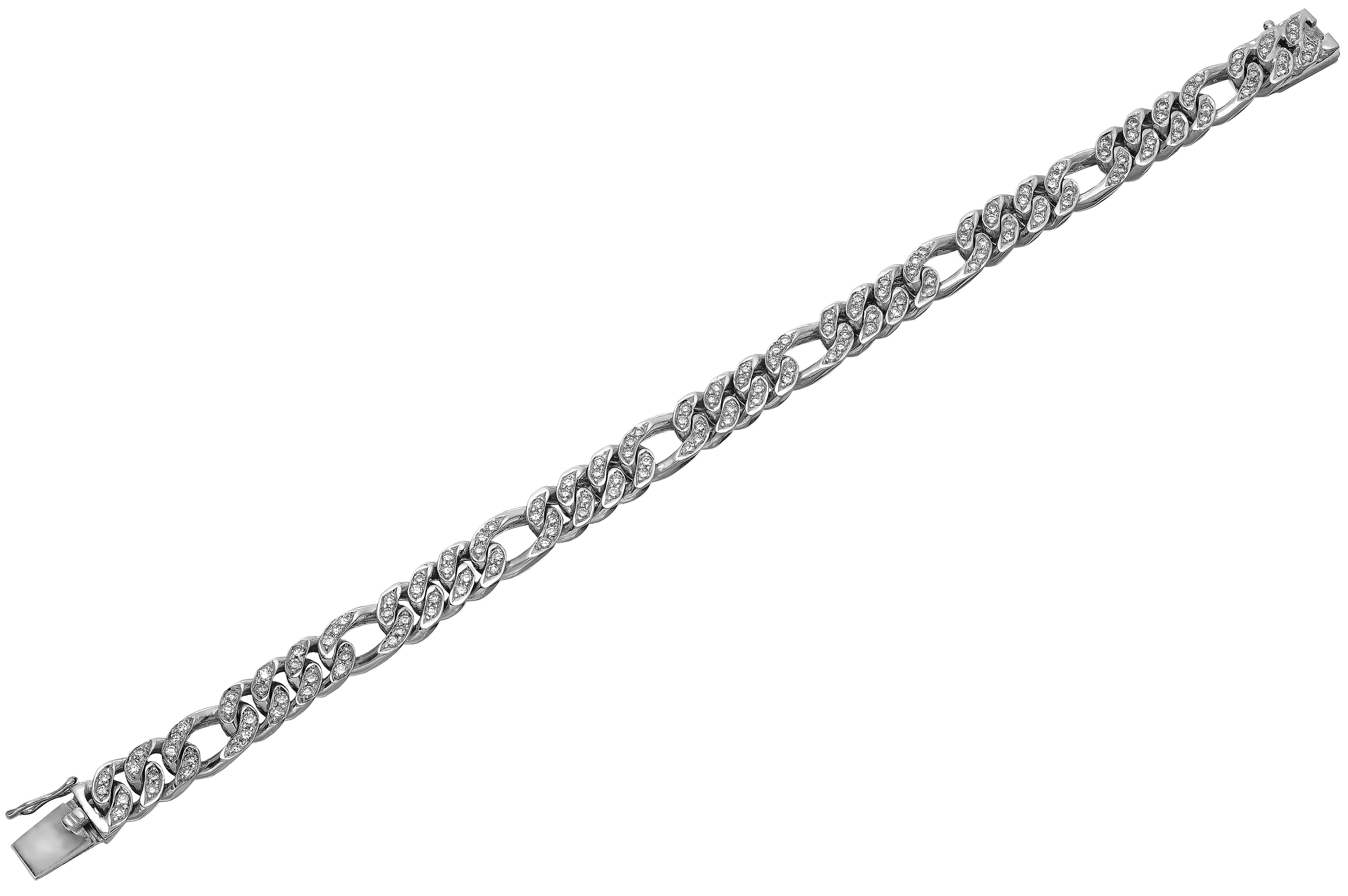Gents Round Diamond Figaro Curb Link Chain Bracelet in Heavy Solid White Gold 2