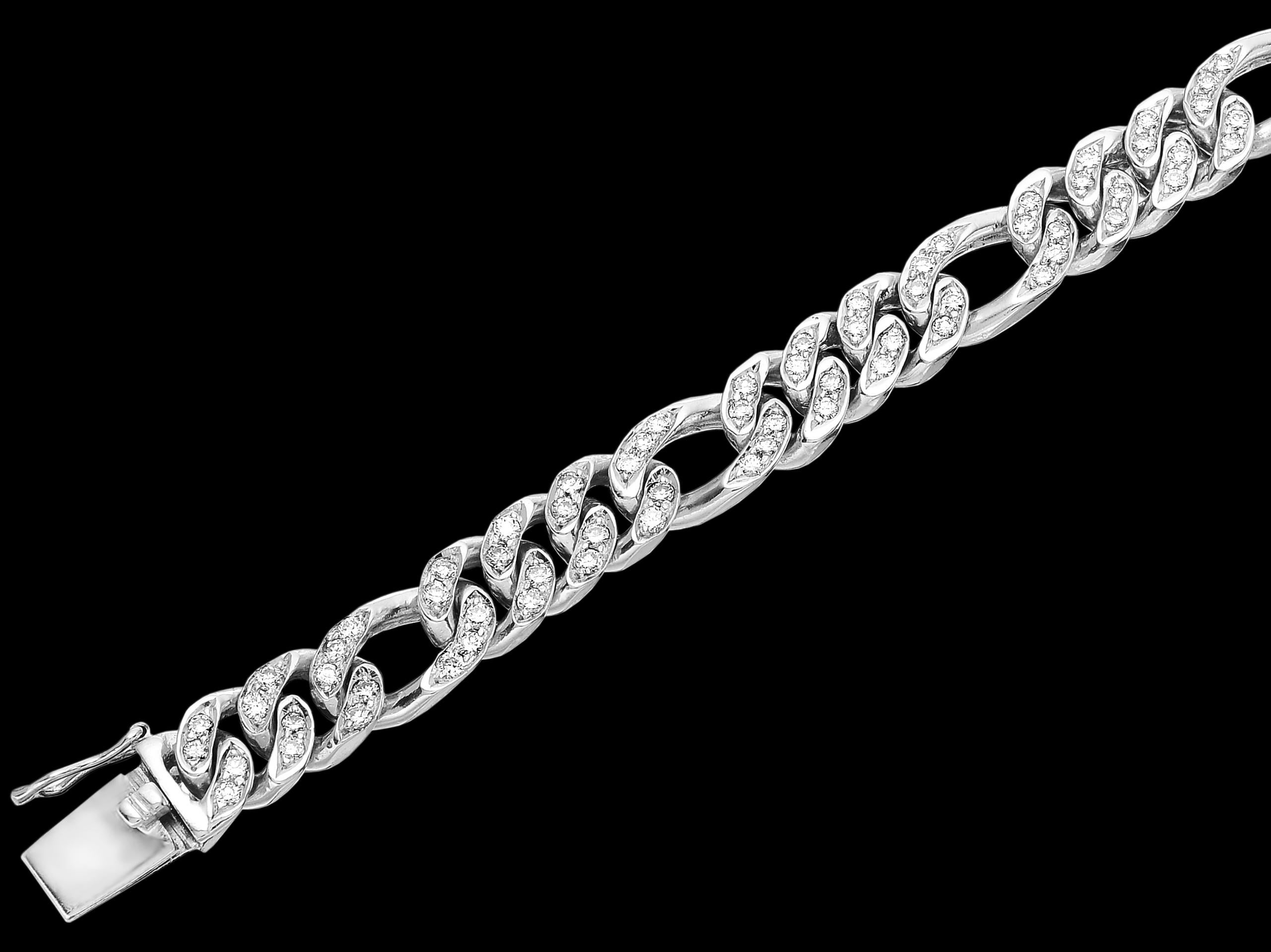 Modern Gents Round Diamond Figaro Curb Link Chain Bracelet in Heavy Solid White Gold