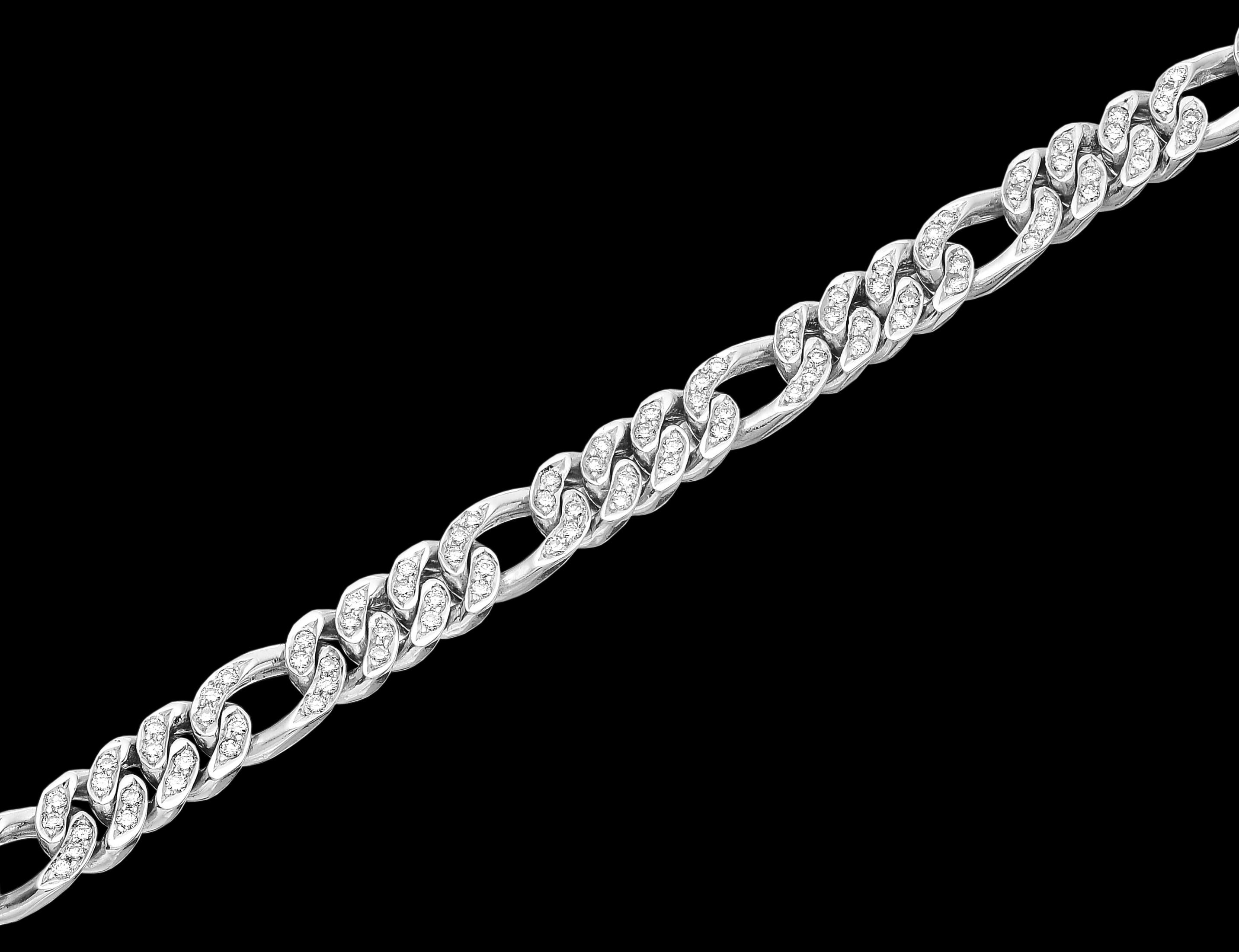 Round Cut Gents Round Diamond Figaro Curb Link Chain Bracelet in Heavy Solid White Gold