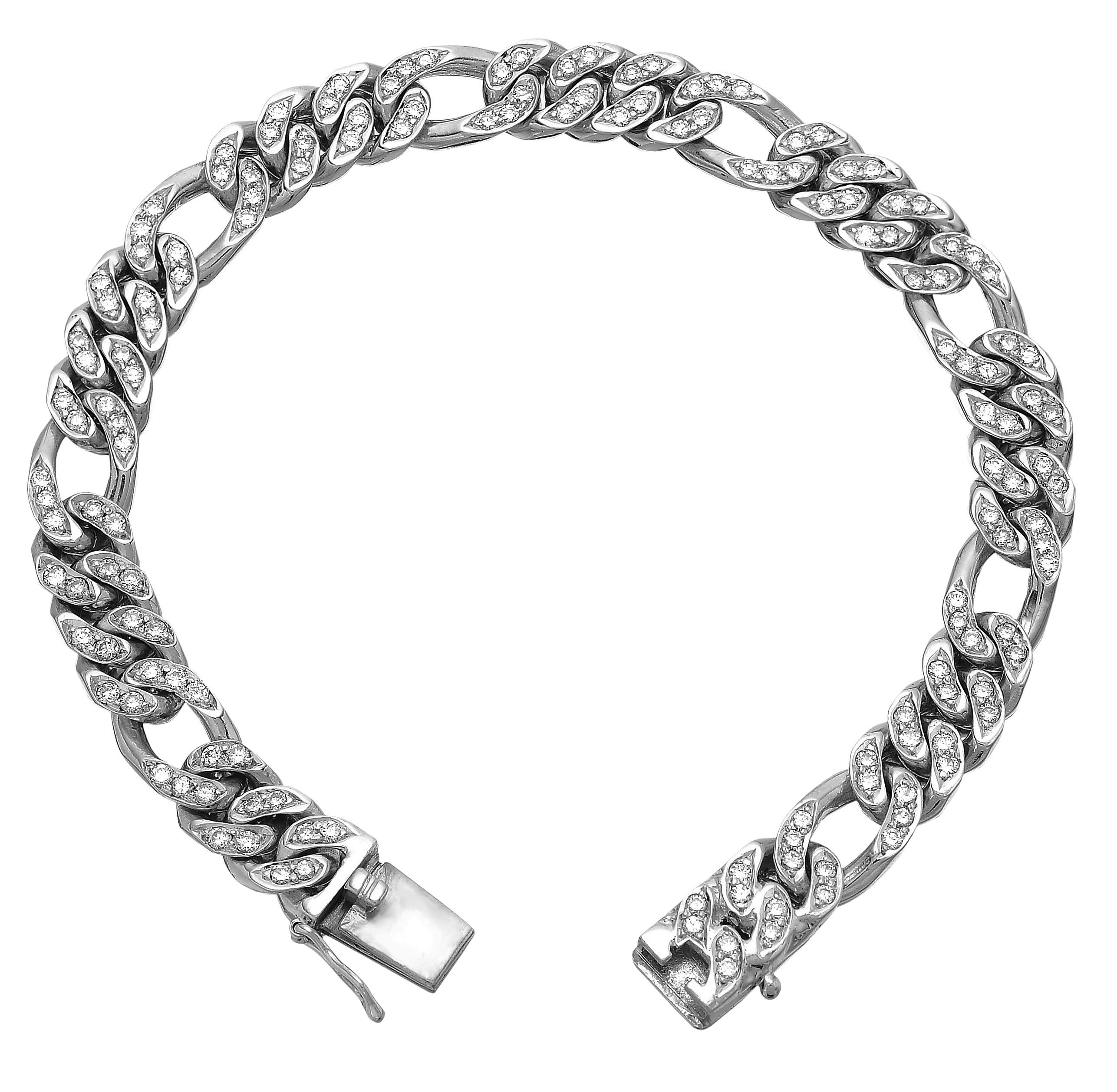 Gents Round Diamond Figaro Curb Link Chain Bracelet in Heavy Solid White Gold