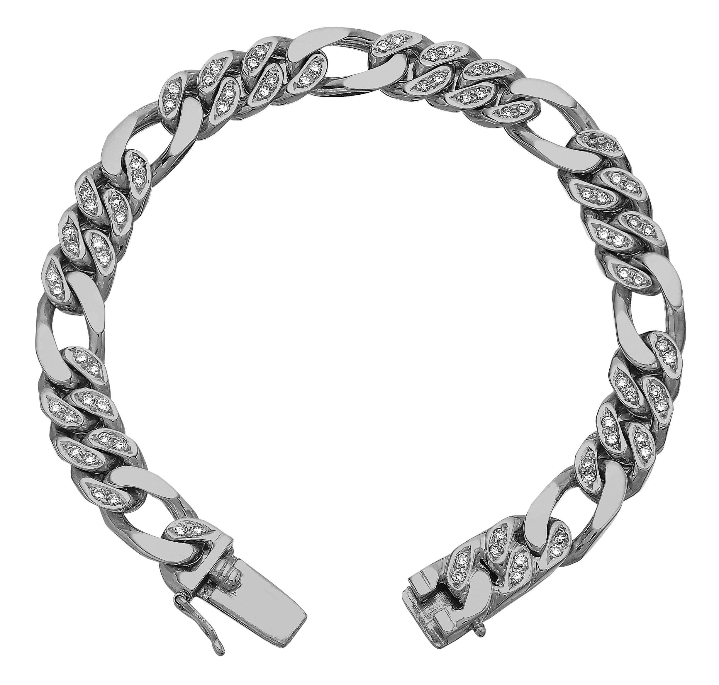 Round Cut Gents Diamond Set Figaro Curb Link Chain Bracelet in Heavy Solid White Gold For Sale