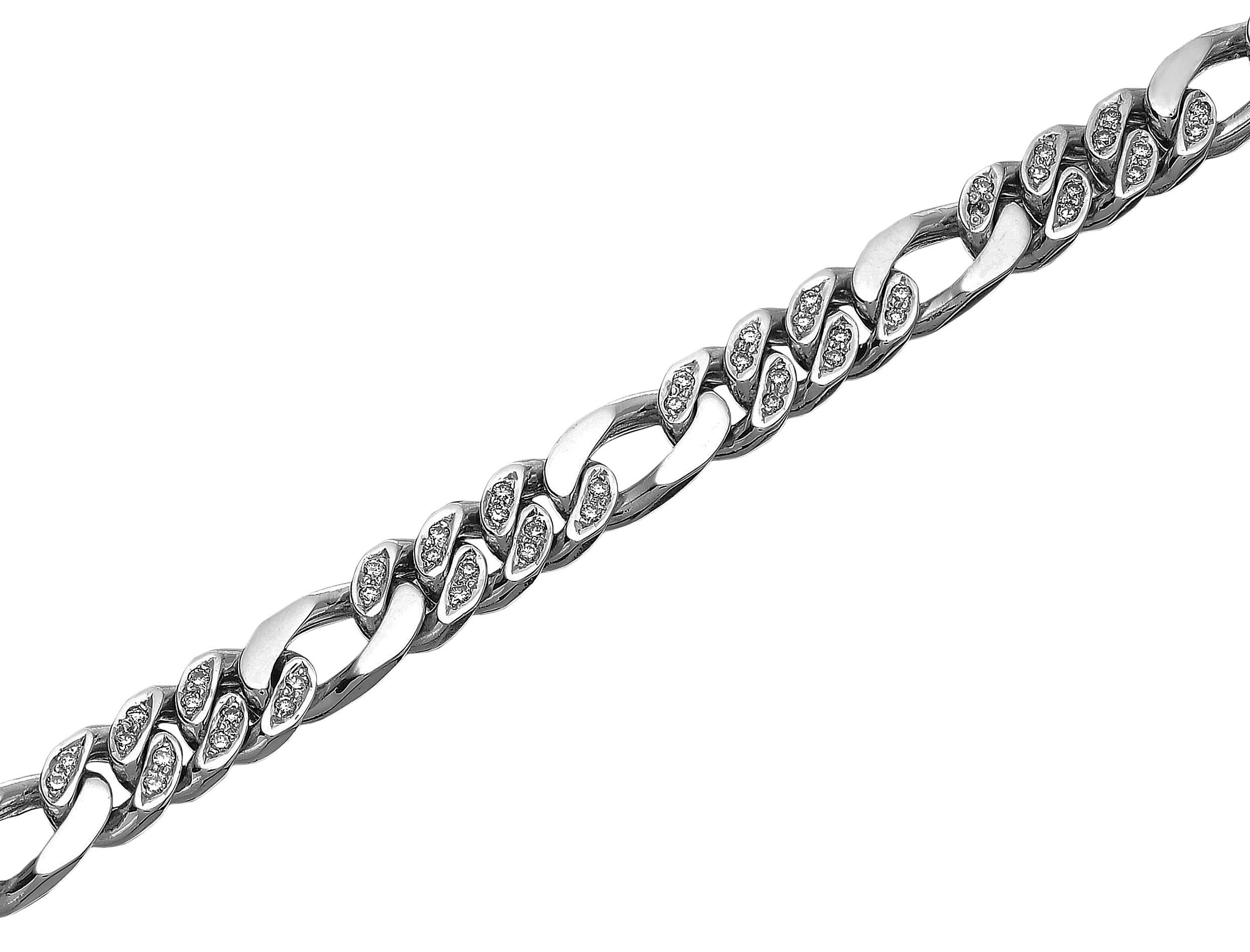 Gents Diamond Set Figaro Curb Link Chain Bracelet in Heavy Solid White Gold In Excellent Condition For Sale In London, GB