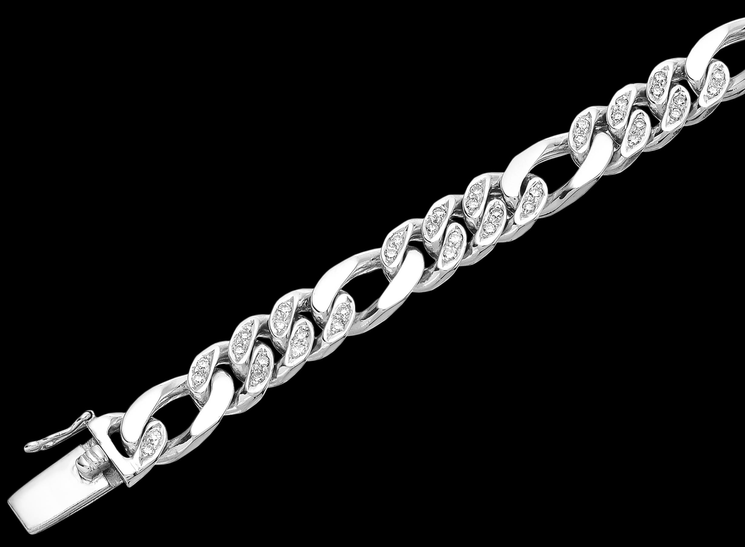 Moderne Bracelet à maillons Figaro en or blanc massif serti de diamants, pour hommes en vente