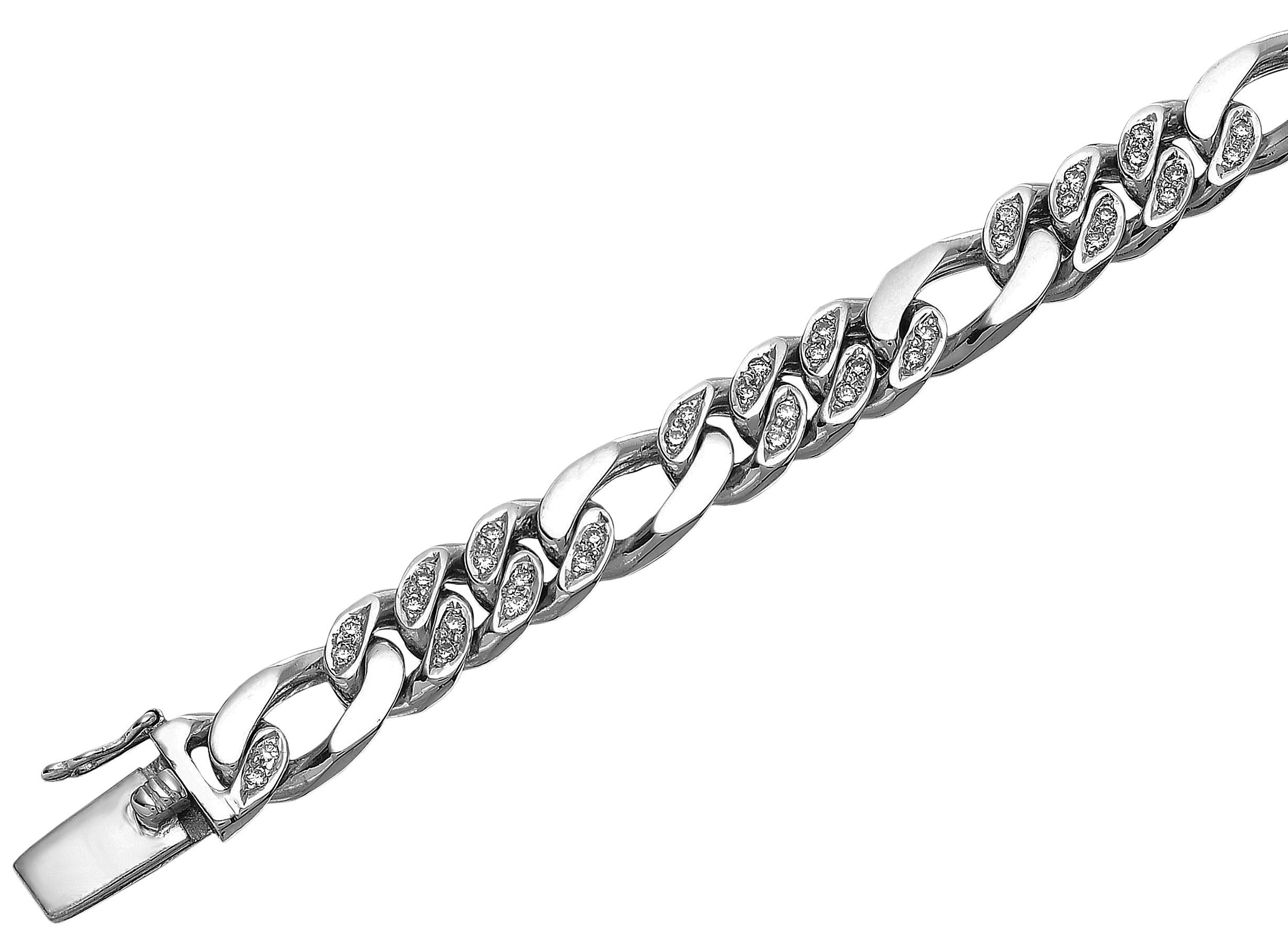Men's Gents Diamond Set Figaro Curb Link Chain Bracelet in Heavy Solid White Gold For Sale