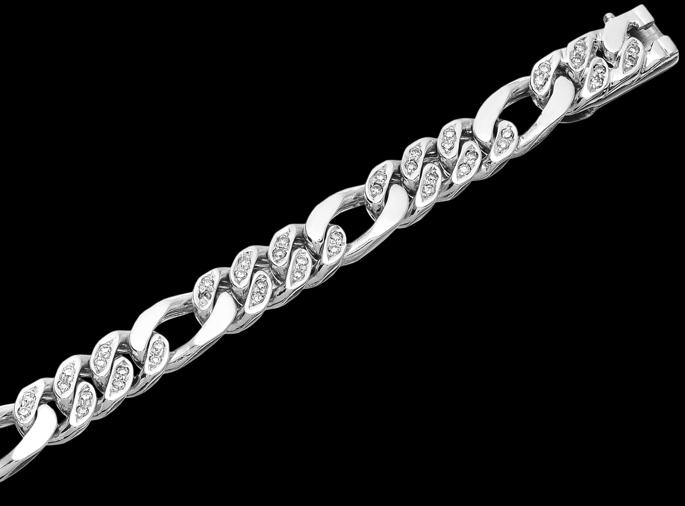 Taille ronde Bracelet à maillons Figaro en or blanc massif serti de diamants, pour hommes en vente