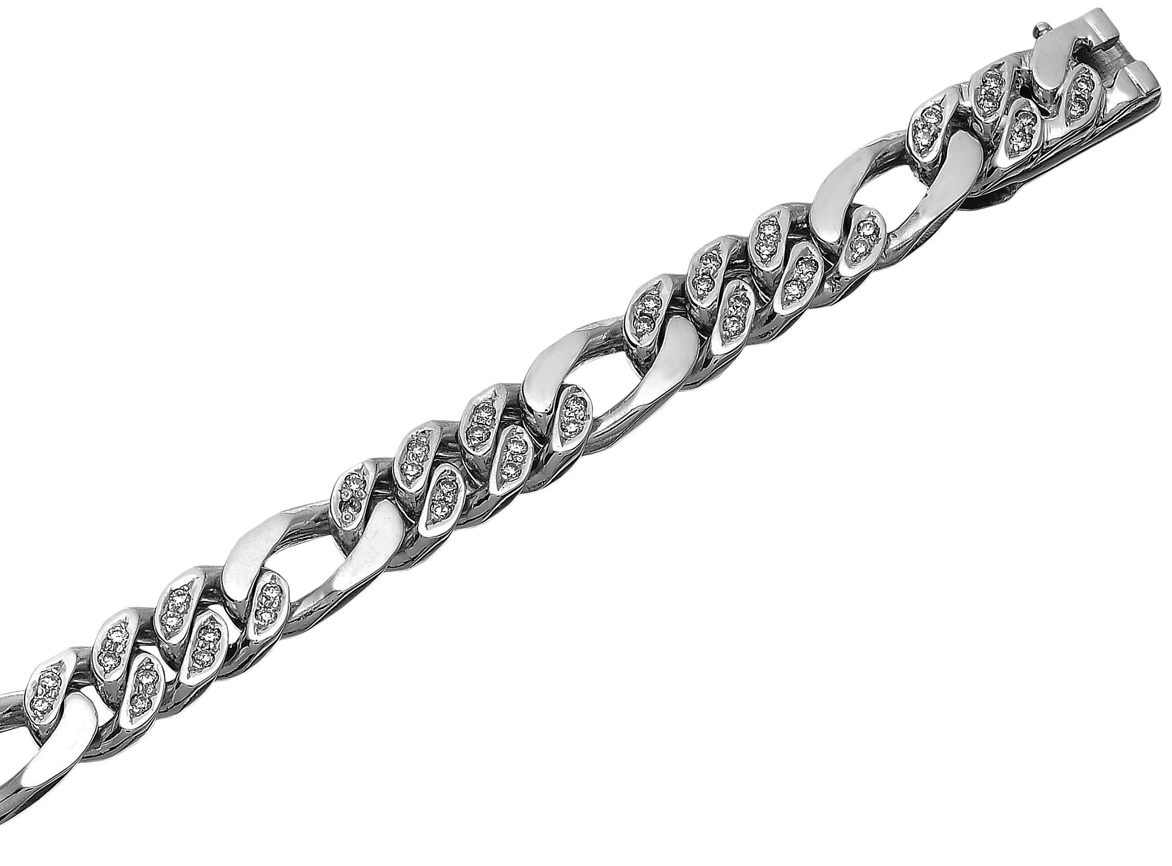 Gents Diamond Set Figaro Curb Link Chain Bracelet in Heavy Solid White Gold For Sale 1