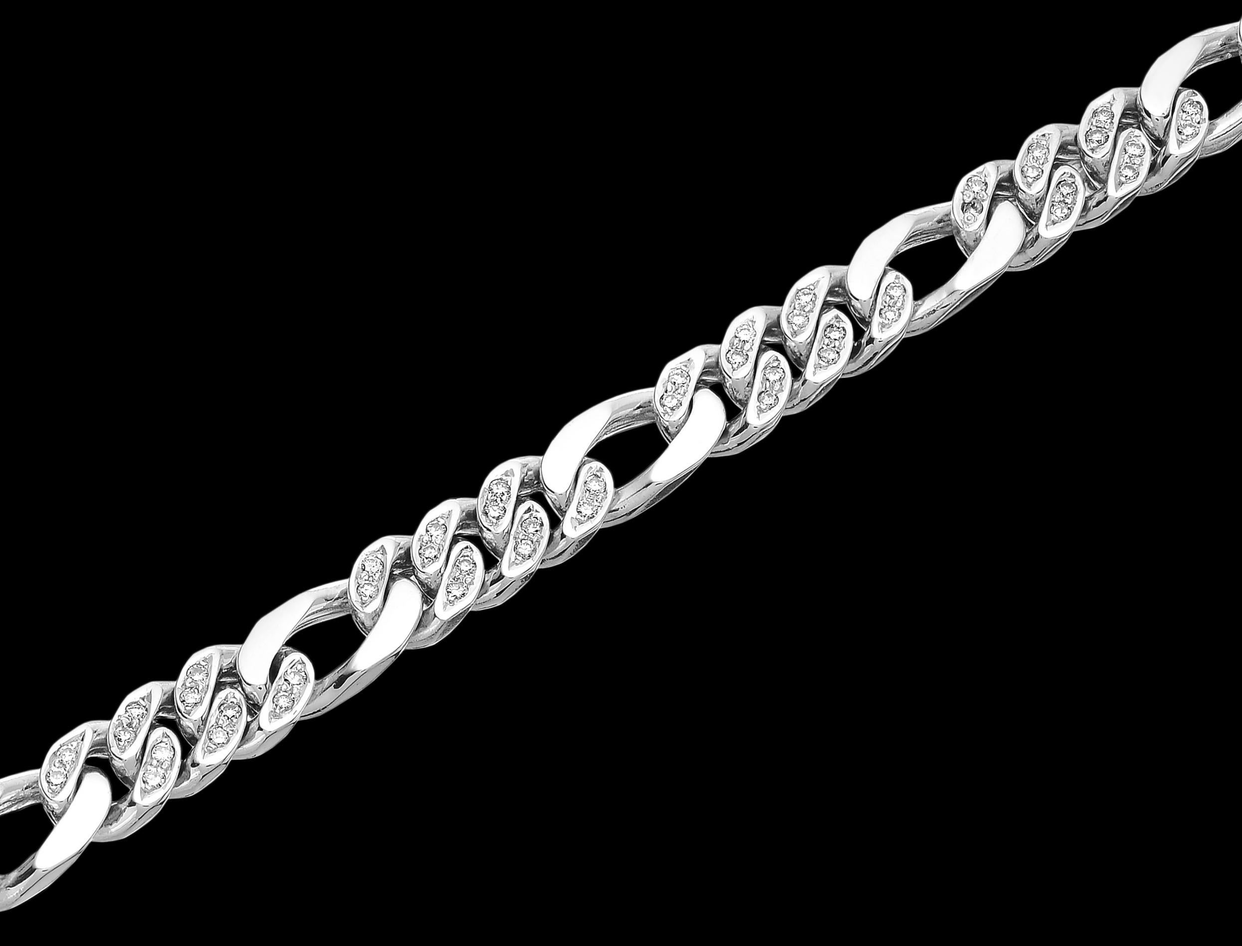 Modern Gents Diamond Set Figaro Curb Link Chain Bracelet in Heavy Solid White Gold For Sale