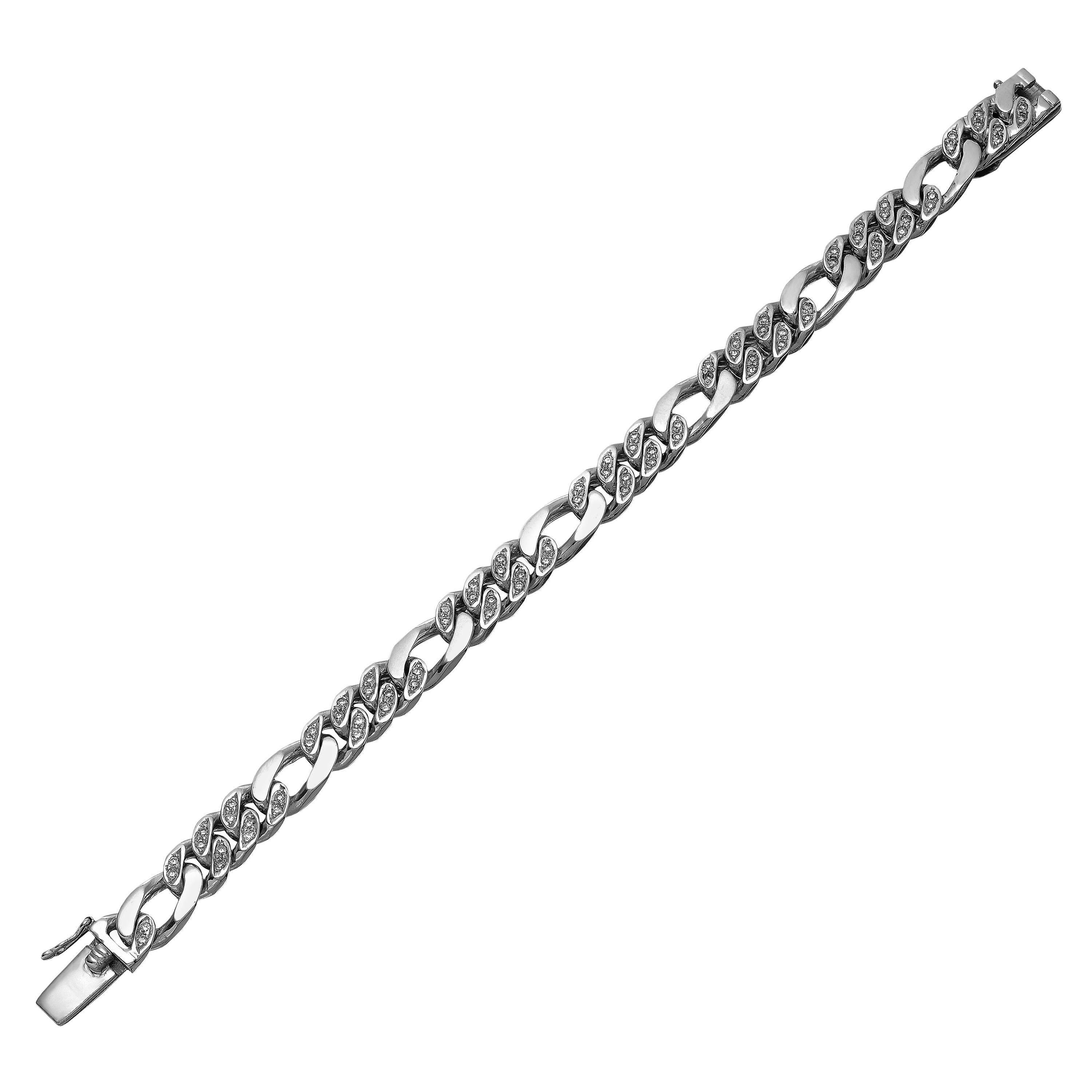 Gents Diamond Set Figaro Curb Link Chain Bracelet in Heavy Solid White Gold For Sale