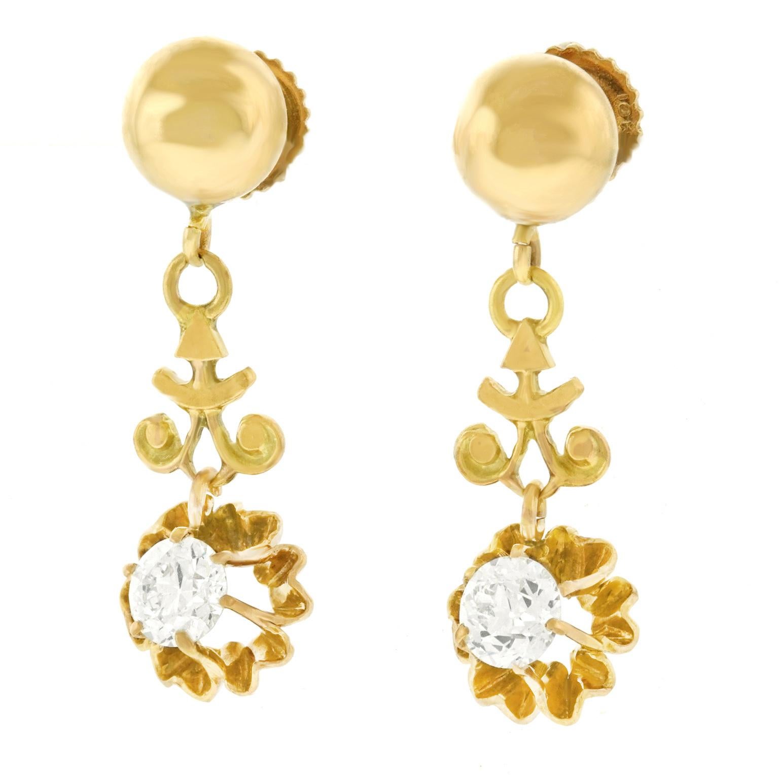 Diamond set Gold Drop Earrings In Excellent Condition In Litchfield, CT