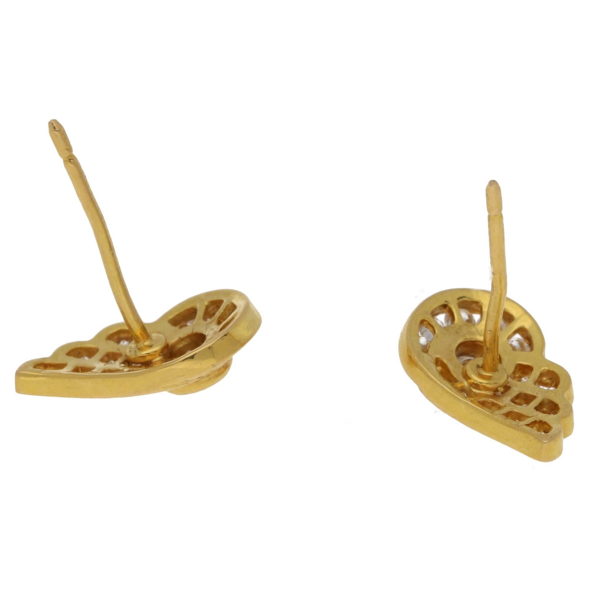 Round Cut Diamond Set Gold Wing Stud Earrings