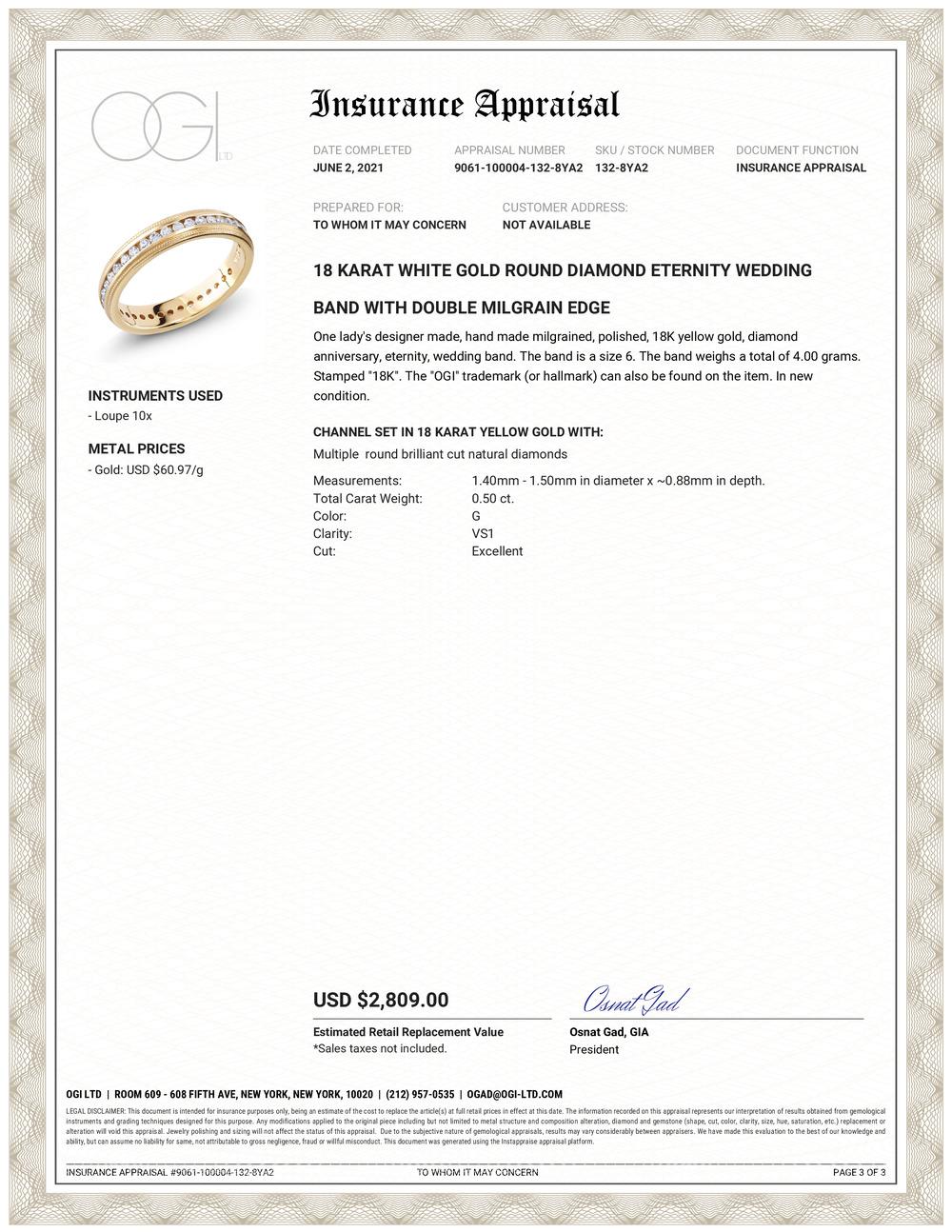 18 Karat Yellow gold diamond eternity wedding band 
Diamond weighing 0.50 carat 
Double milgrain edge
Width of band 3.5 mm 
Diamond quality G VS
Our team of graduate gemologists carefully hand-select every diamond 
Ring size 6 In Stock
New Ring
The