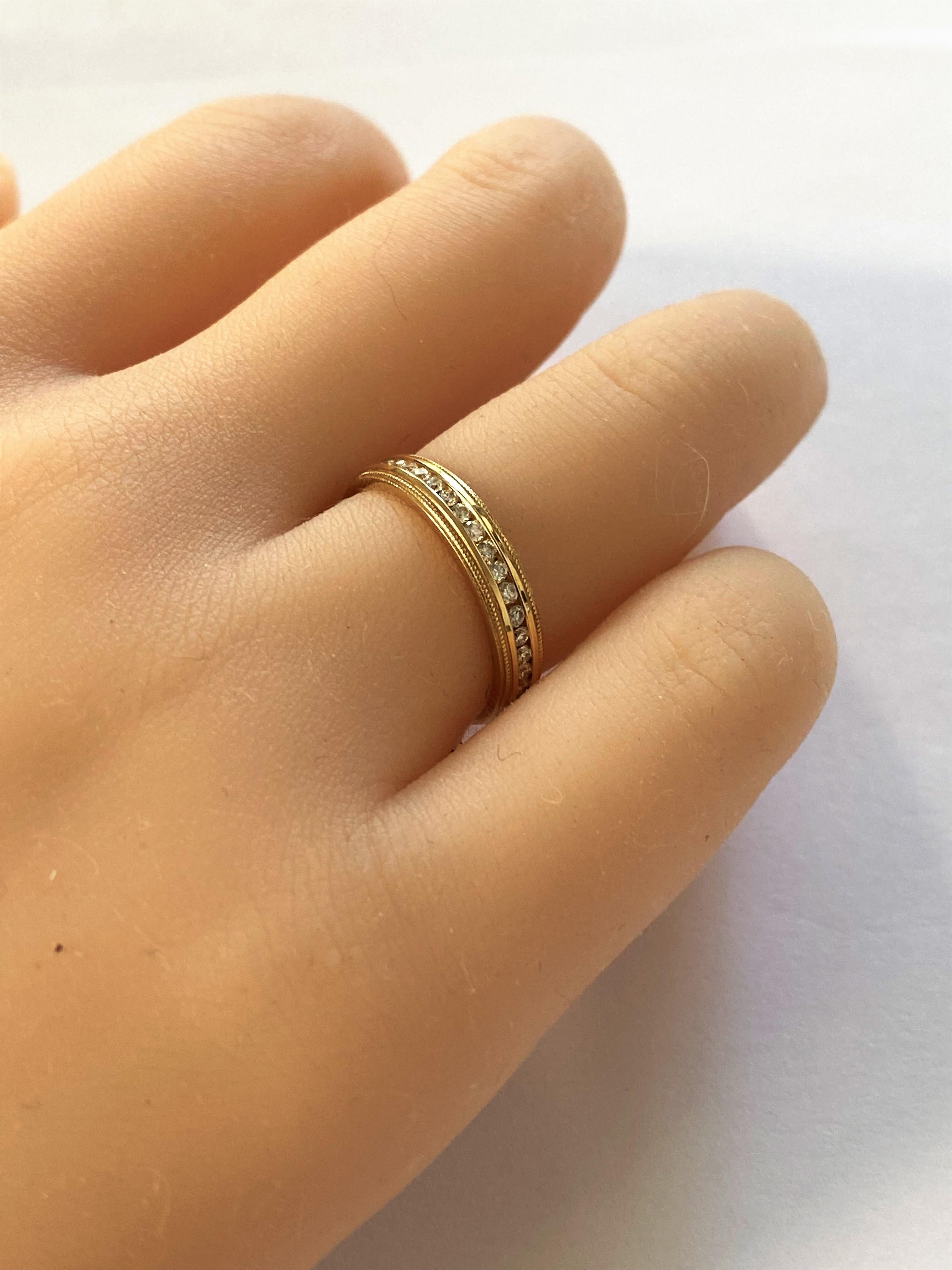 Round Cut Diamond Set in Yellow Gold Eternity Wedding Band with Double Milgrain Edge For Sale