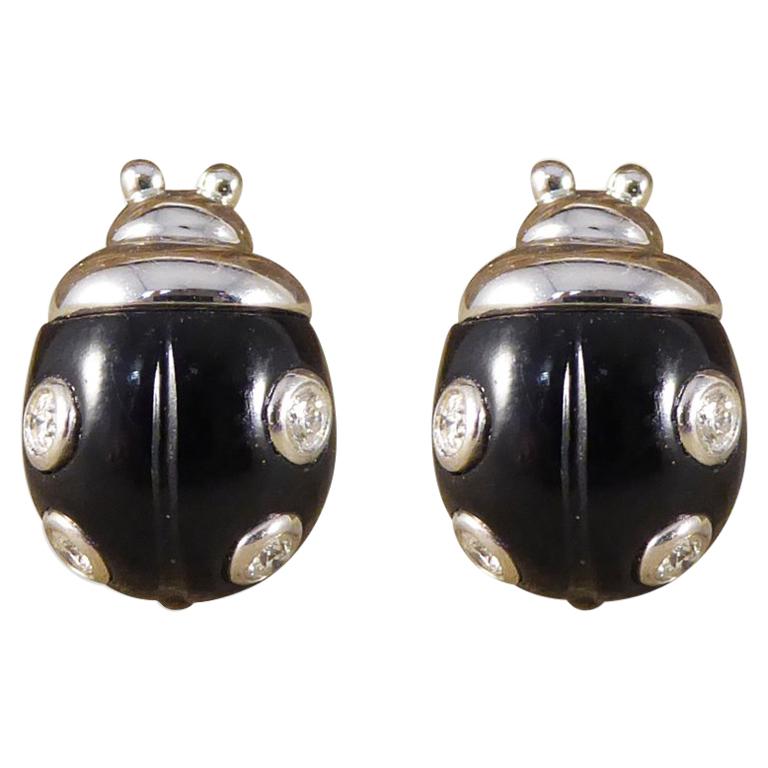 Diamond Set Lady Bird Earrings in Black Enamel 18 Carat White Gold